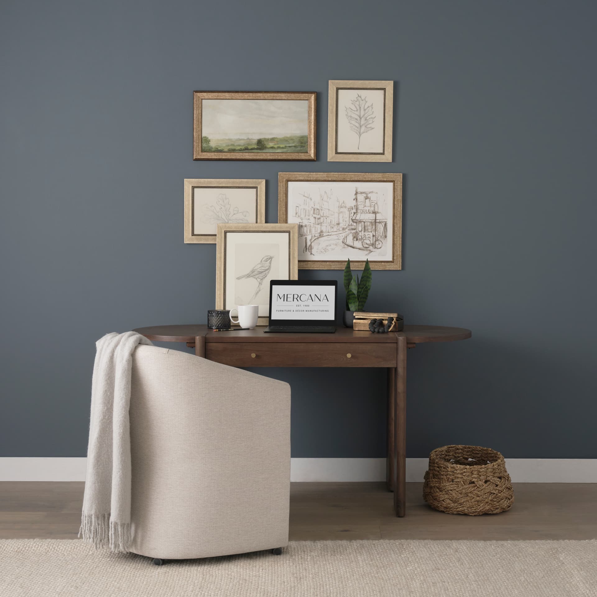Sohan Dark Brown Elm Wood Oblong Desk — in a styled room