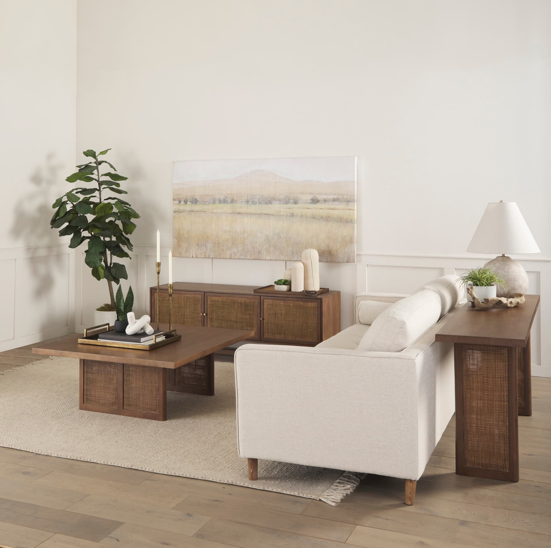 Grier 65" Medium Brown Solid Wood w/ Cane Console Table — product photograph