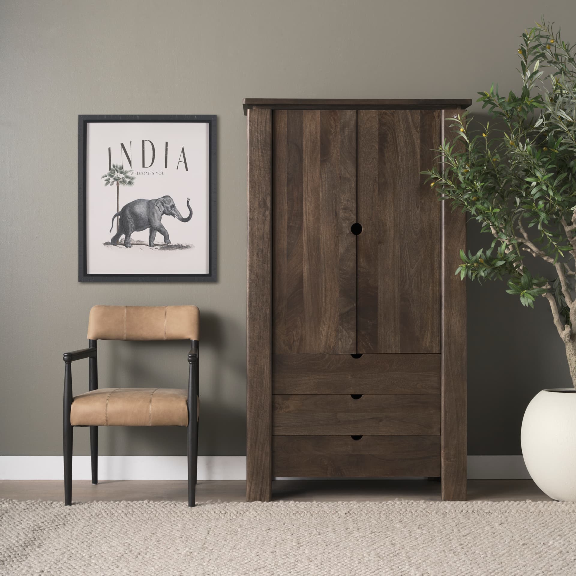 Wallen Solid Dark Brown Wood Curio Cabinet — in a styled room