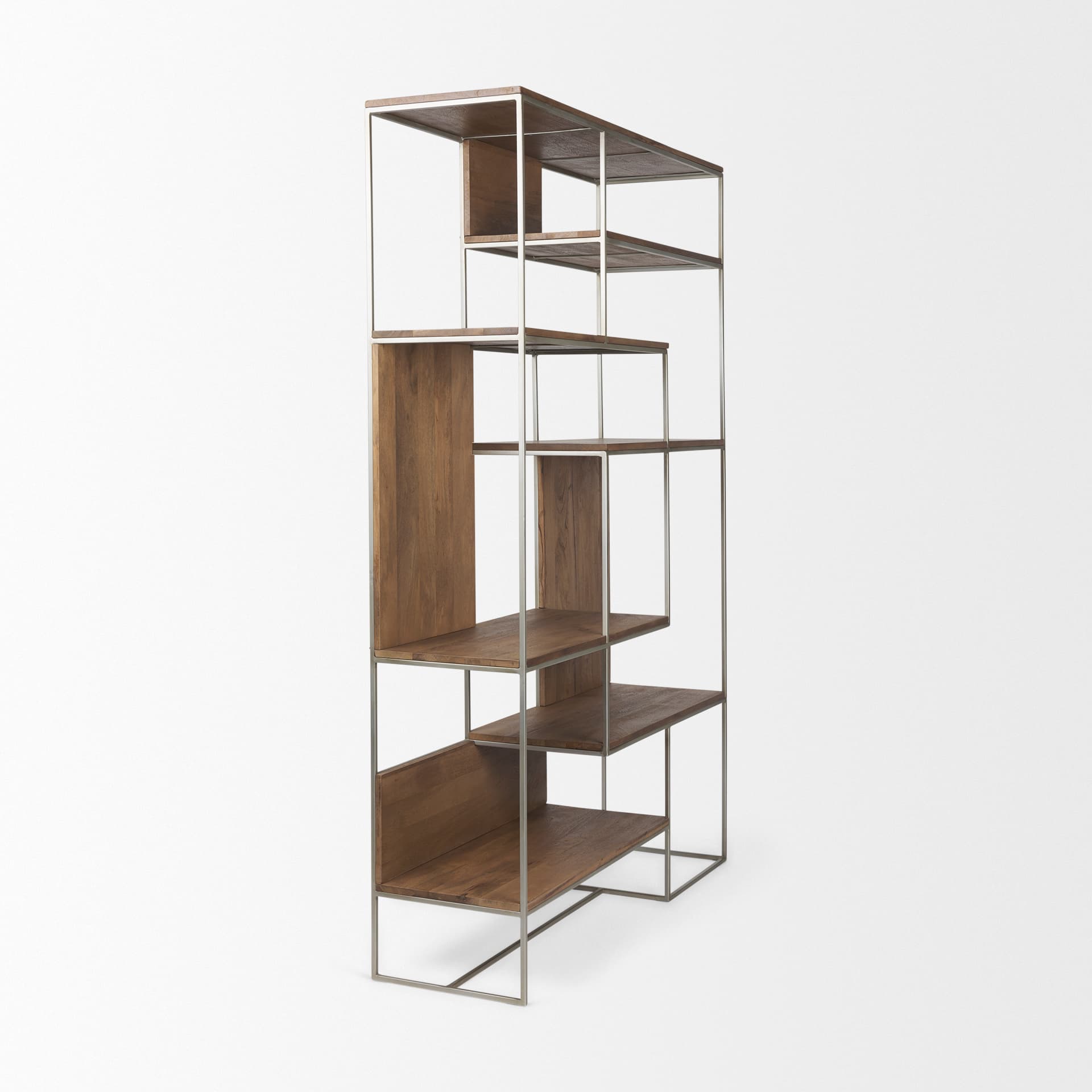 Morris III 47.25 X 15 X 75.5 Brown Wood and Silver Metal Frame 6 Shelf Shelving Unit — product photograph