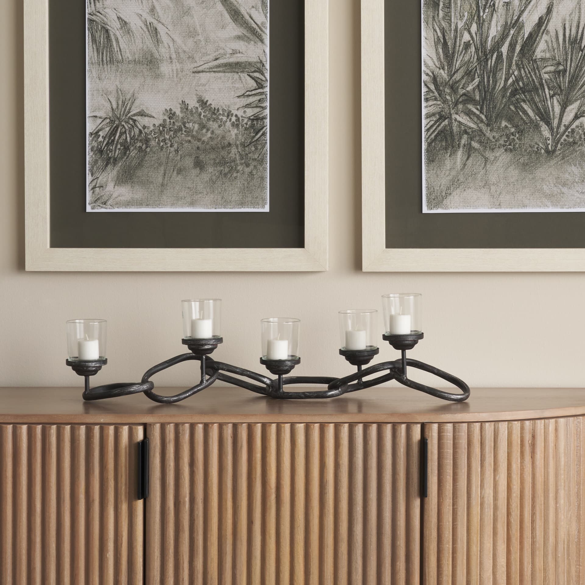Quito Black Metal Chain-Link Five Candle Table Candle Holder — in a styled room