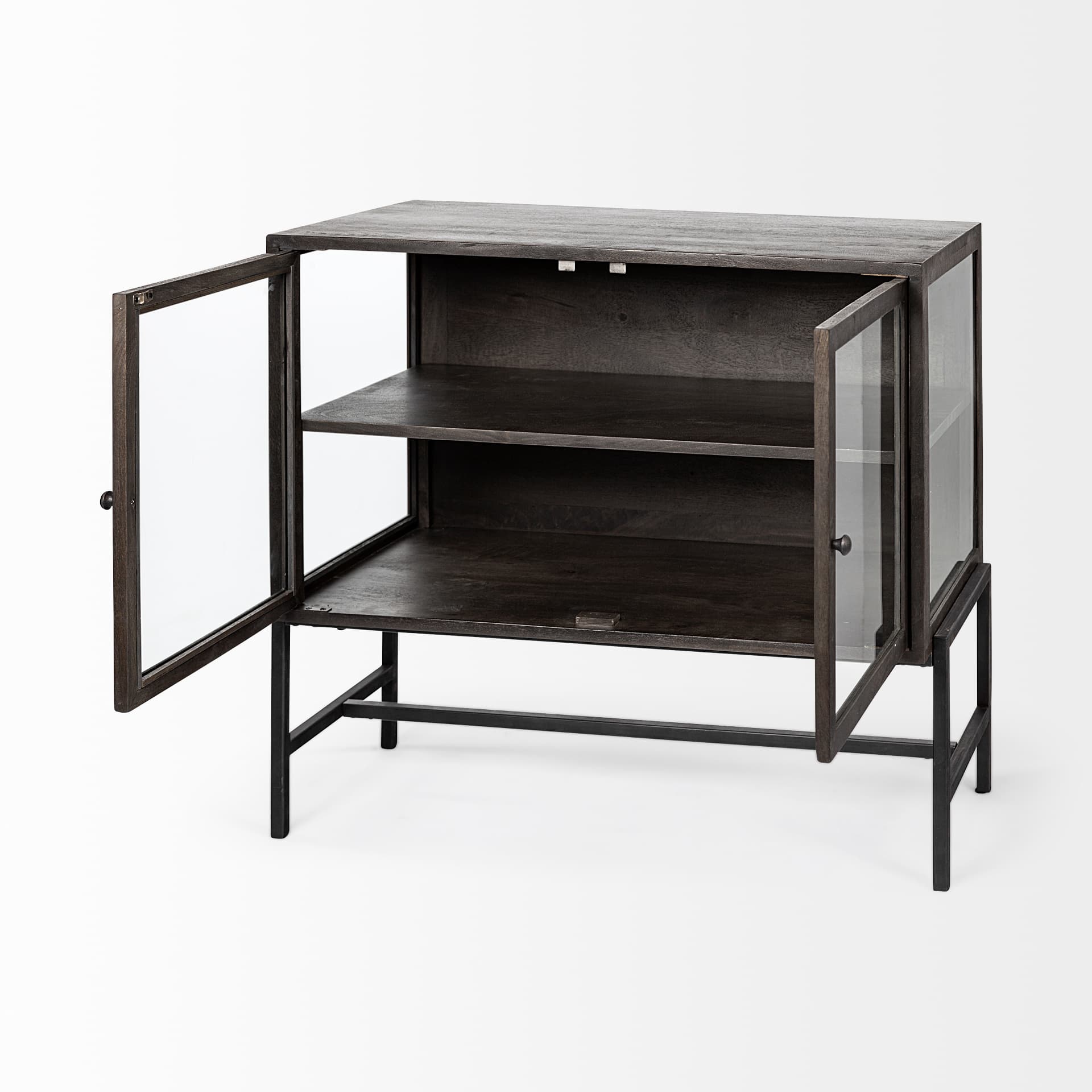 Arelius 36L x 18W Black-Brown Wood, Black Metal Base w/ 2 Glass Doors Accent Cabinet — product photograph