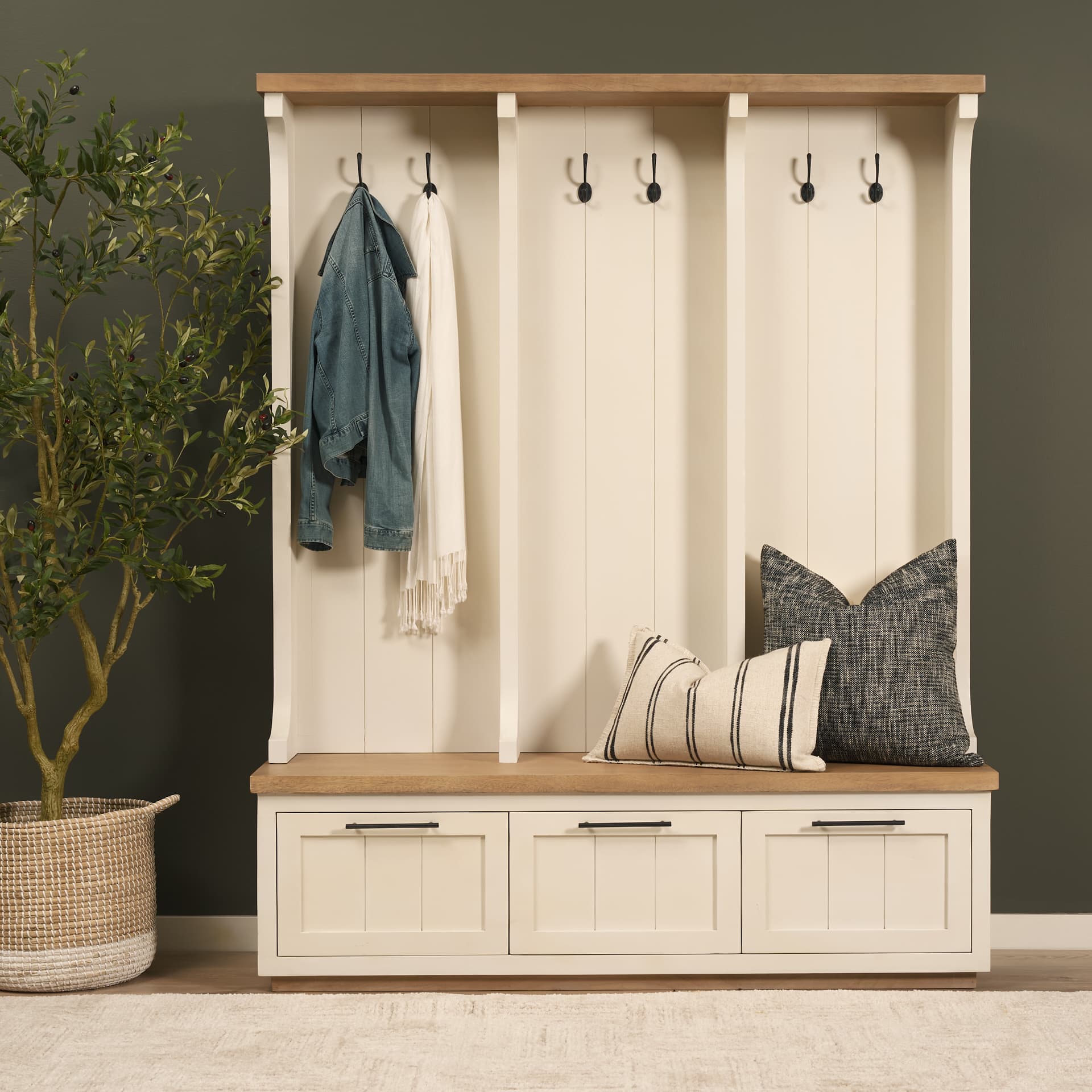 Fairview IV 61L x 17W White And Brown Wood With Storage Hall Tree — product photograph