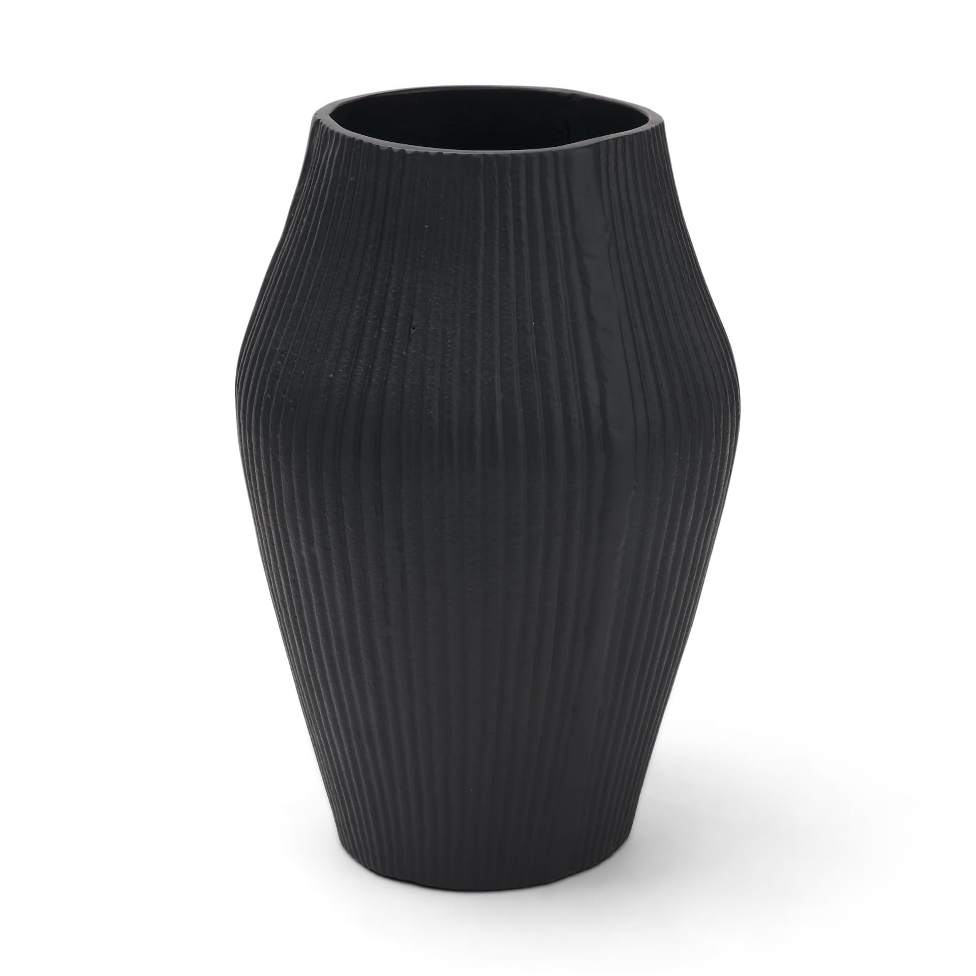 Patine Wide Matte Black Metal Fluted Decorative Vase — product photograph