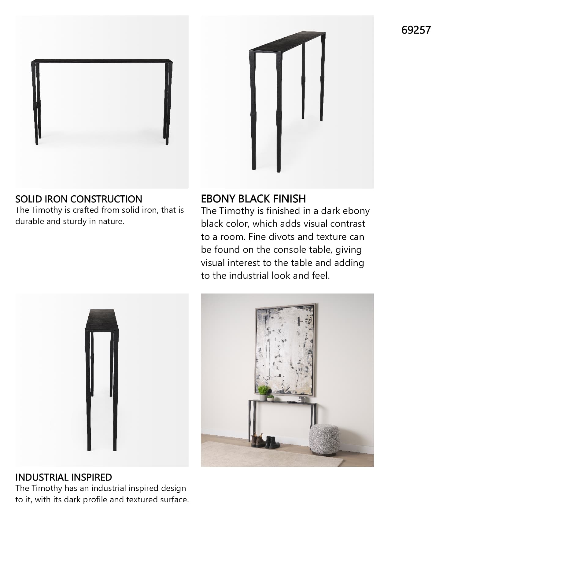 Timothy 48.0 X 8.0 X 30.0 Ebony Black Iron Console Table — in a styled room