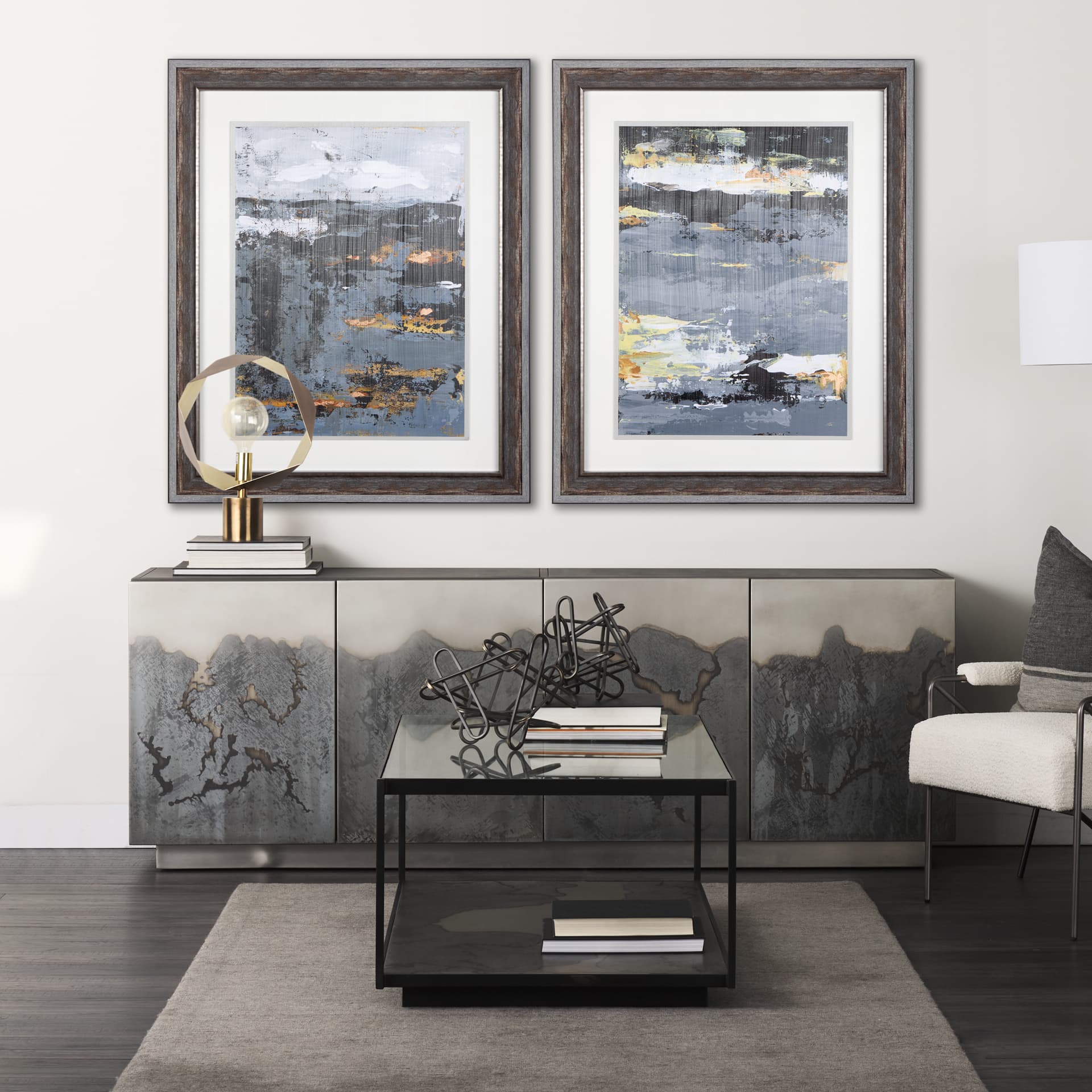 Silver and gold Inspiration III by Mercana Studio a Hand Embellished Textured Framed Art Print — in a styled room