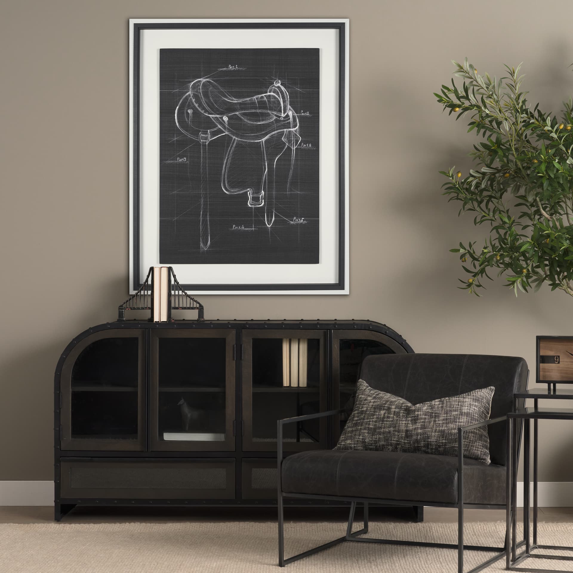 Horse Seat Black II by Mercana Studio a Hand Embellished Textured Framed Art Print — in a styled room