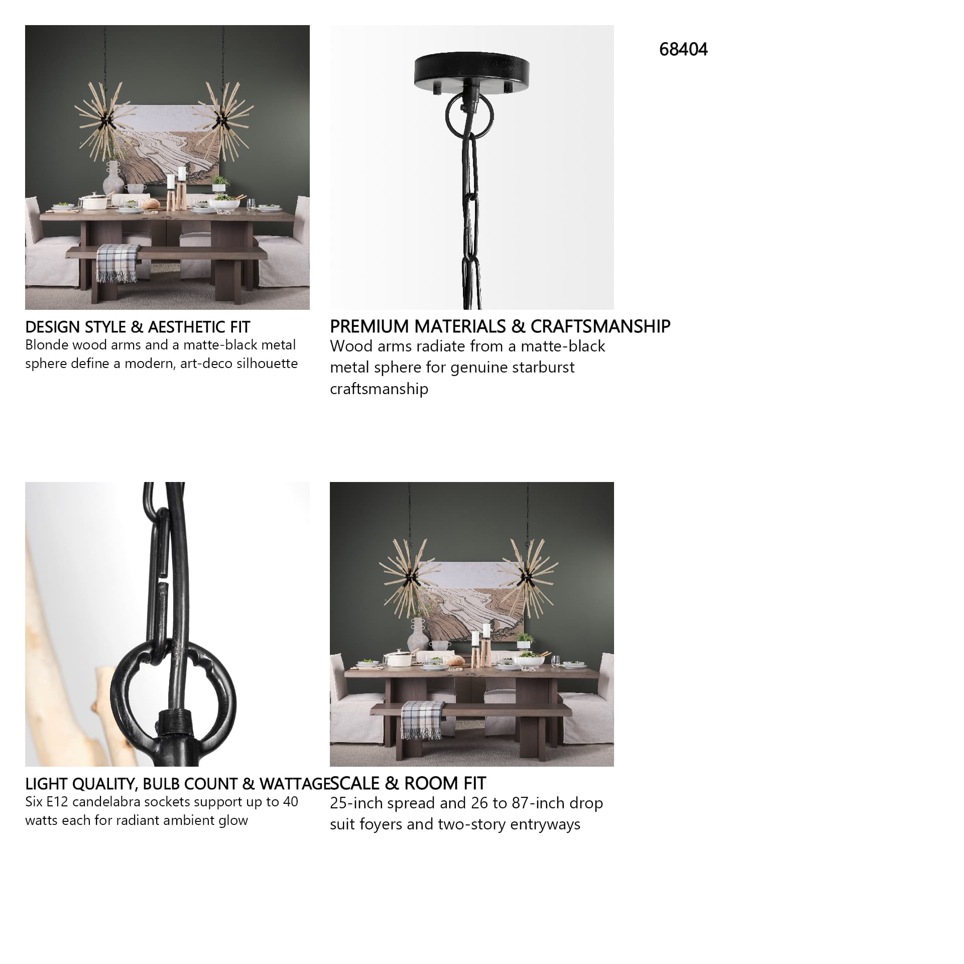 Jules 25x25 Blonde Wood and Black Metal Six Bulb Chandelier Light — in a styled room