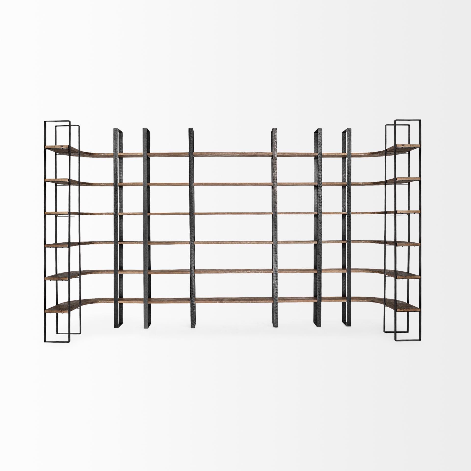 Turner II 37L x 10.5W x 90H Curved Dark Brown Wood And Black Iron Six Shelving Unit — product photograph