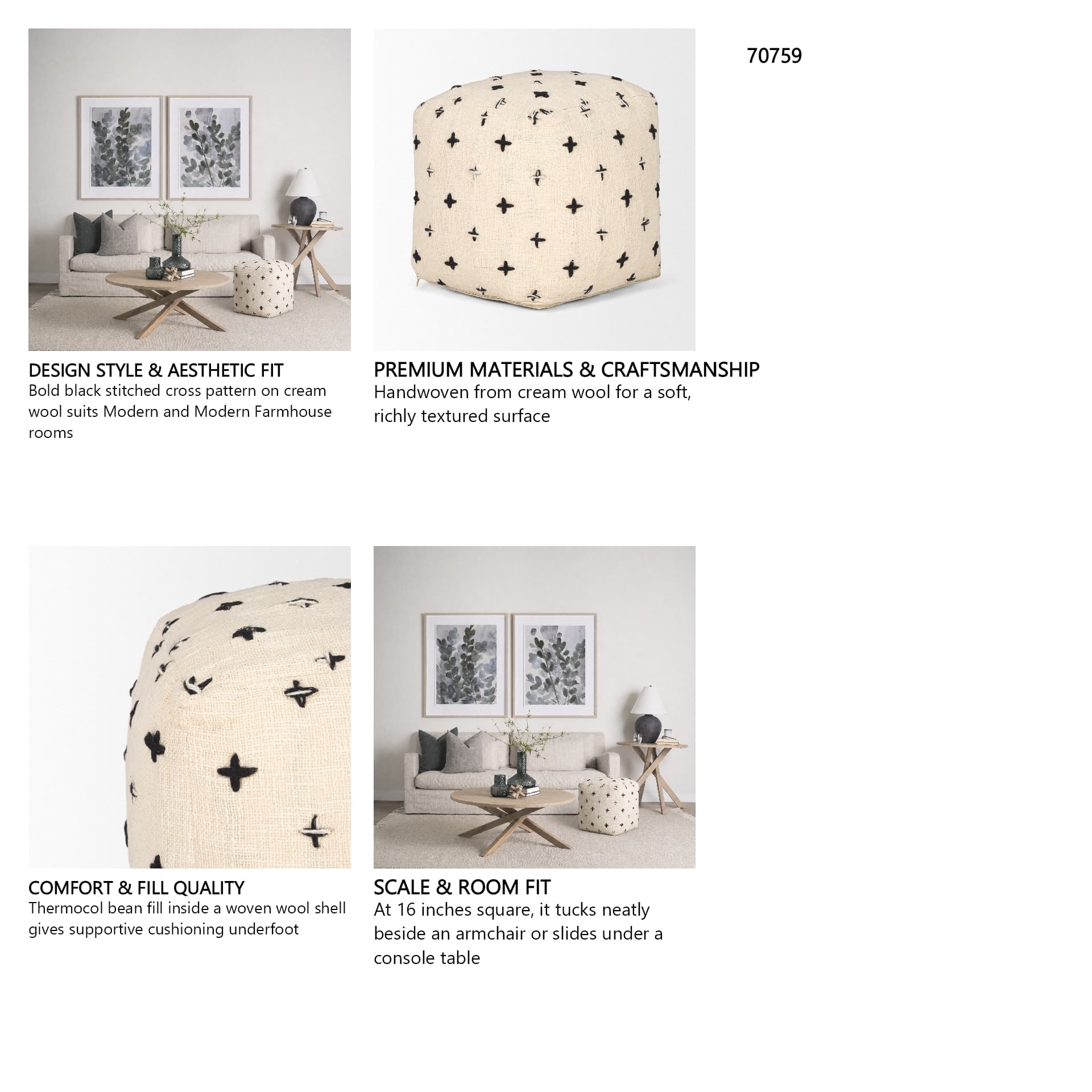 Saanvi Wool w/ Cream and Black Stitched Cross Patterned Pouf — in a styled room