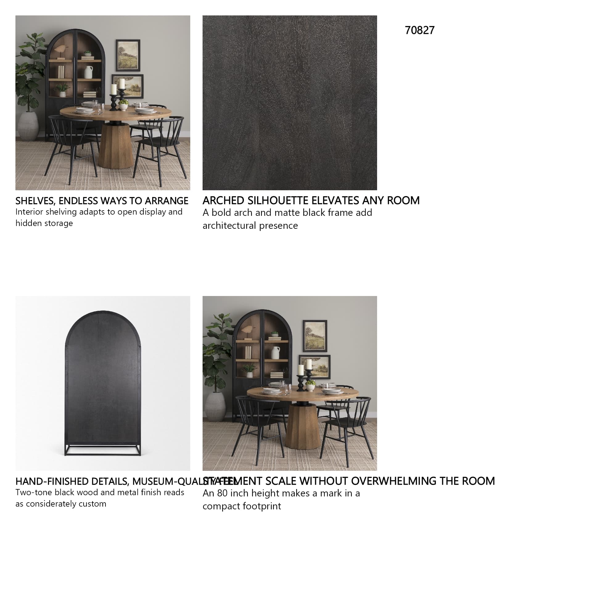 Sloan 42W x 80H Black Wood W/Black Metal Frame Arched Cabinet — in a styled room