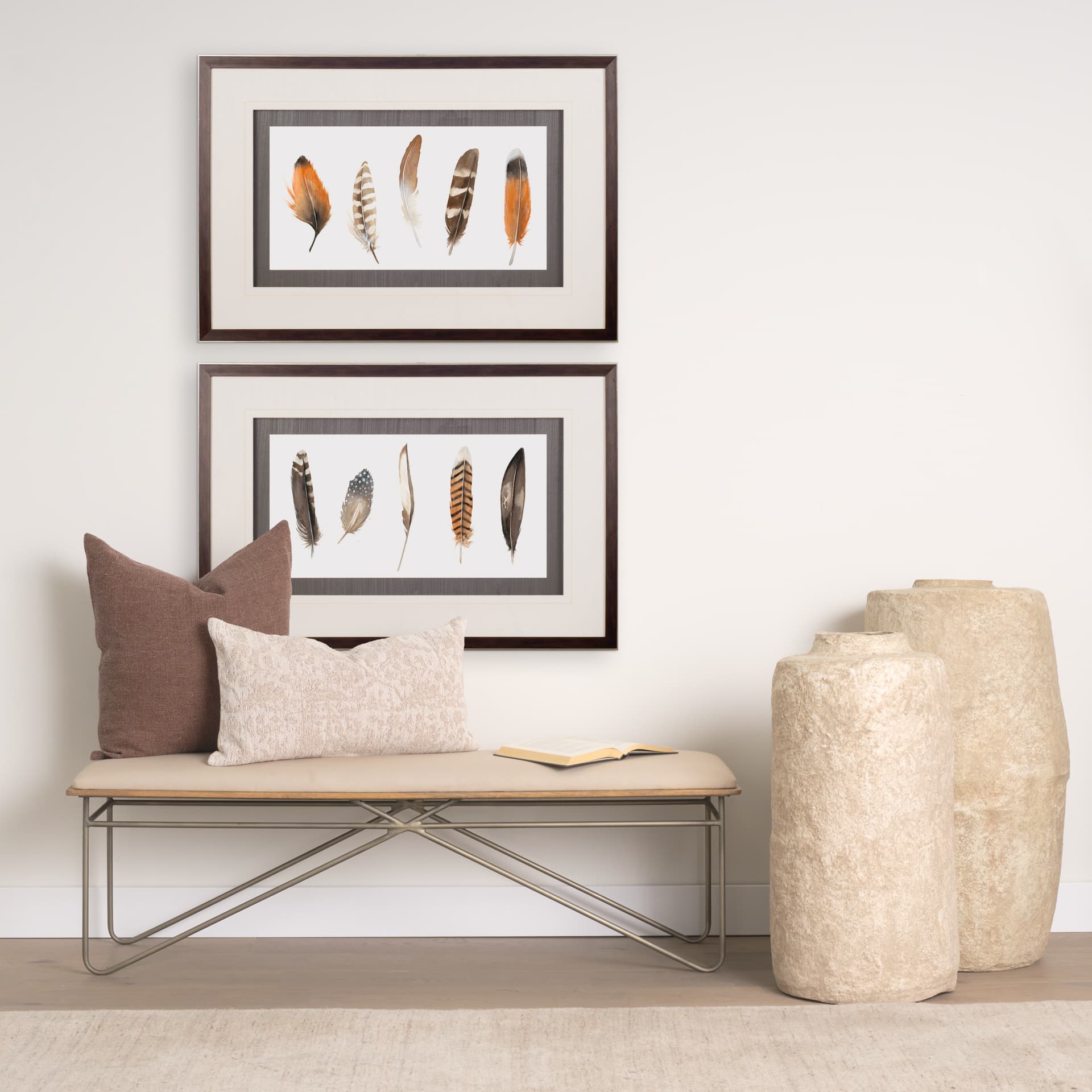 Red Rock Feathers II by Grace Popp a Hand Embellished Textured Framed Art Print Matted under Glass — in a styled room
