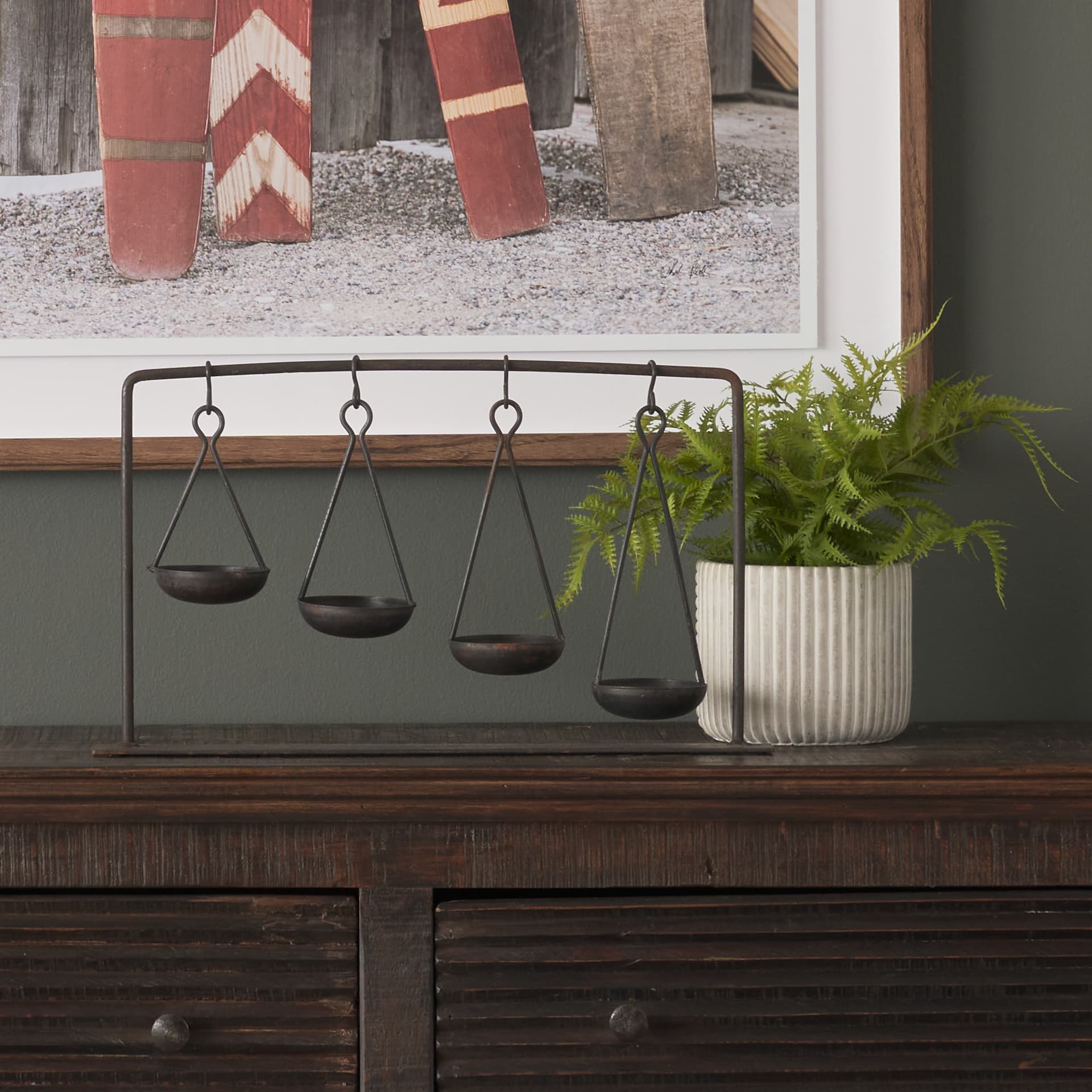 Enos 19L x 3W Black Metal 4 Bowl Ancient Spice Market Decorative Display — in a styled room