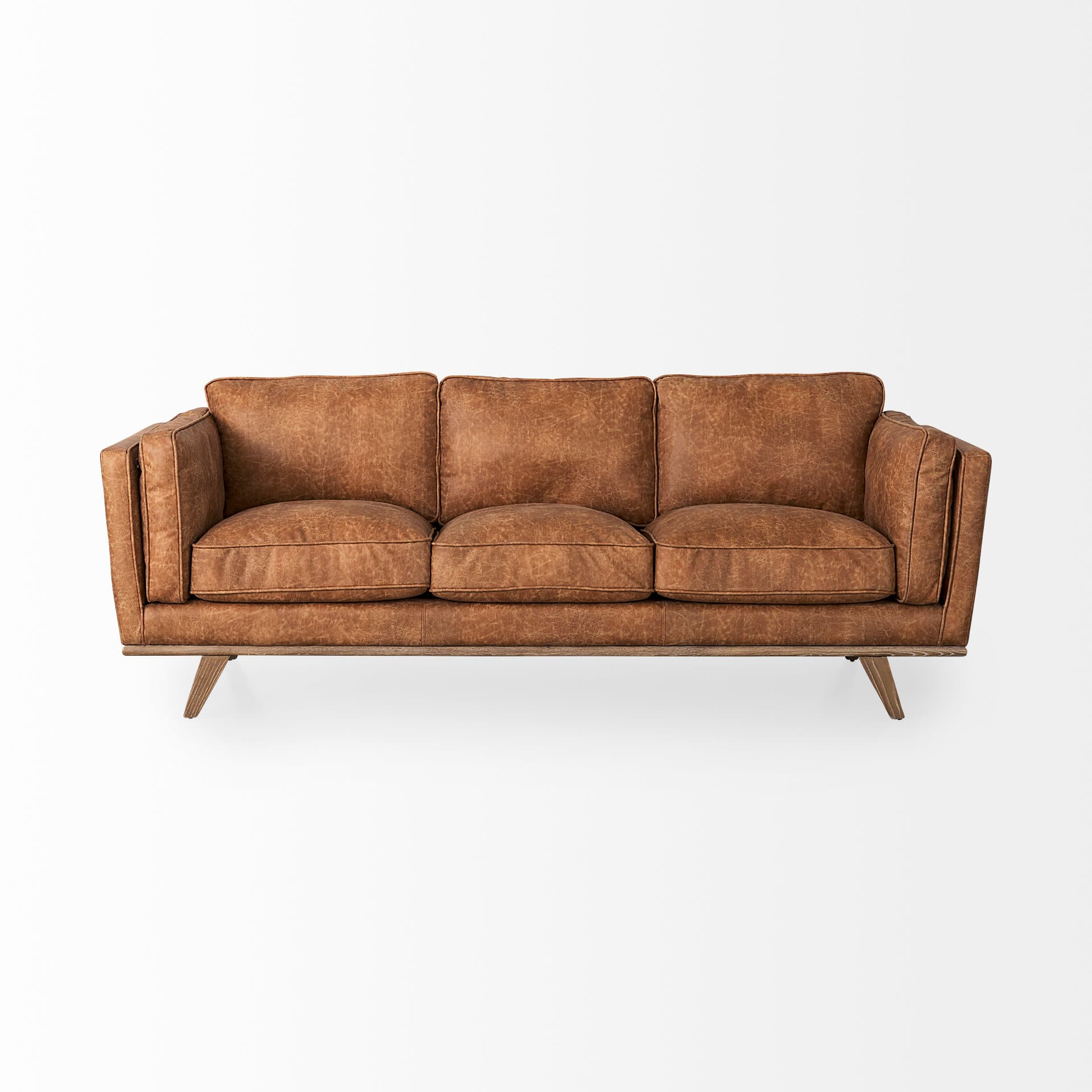Brooks 90.2L x 34.8W x 33.5H Cognac Brown Faux Leather Three Seater Sofa W/ Medium Brown Wooden Legs — product photograph