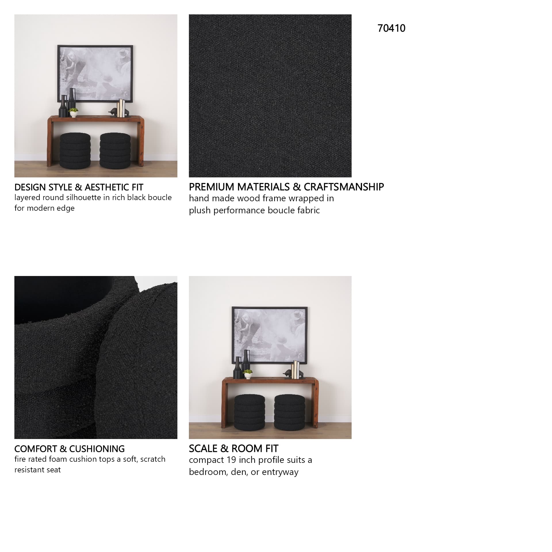 Elise Black Boucle Upholstered Storage Ottoman — in a styled room