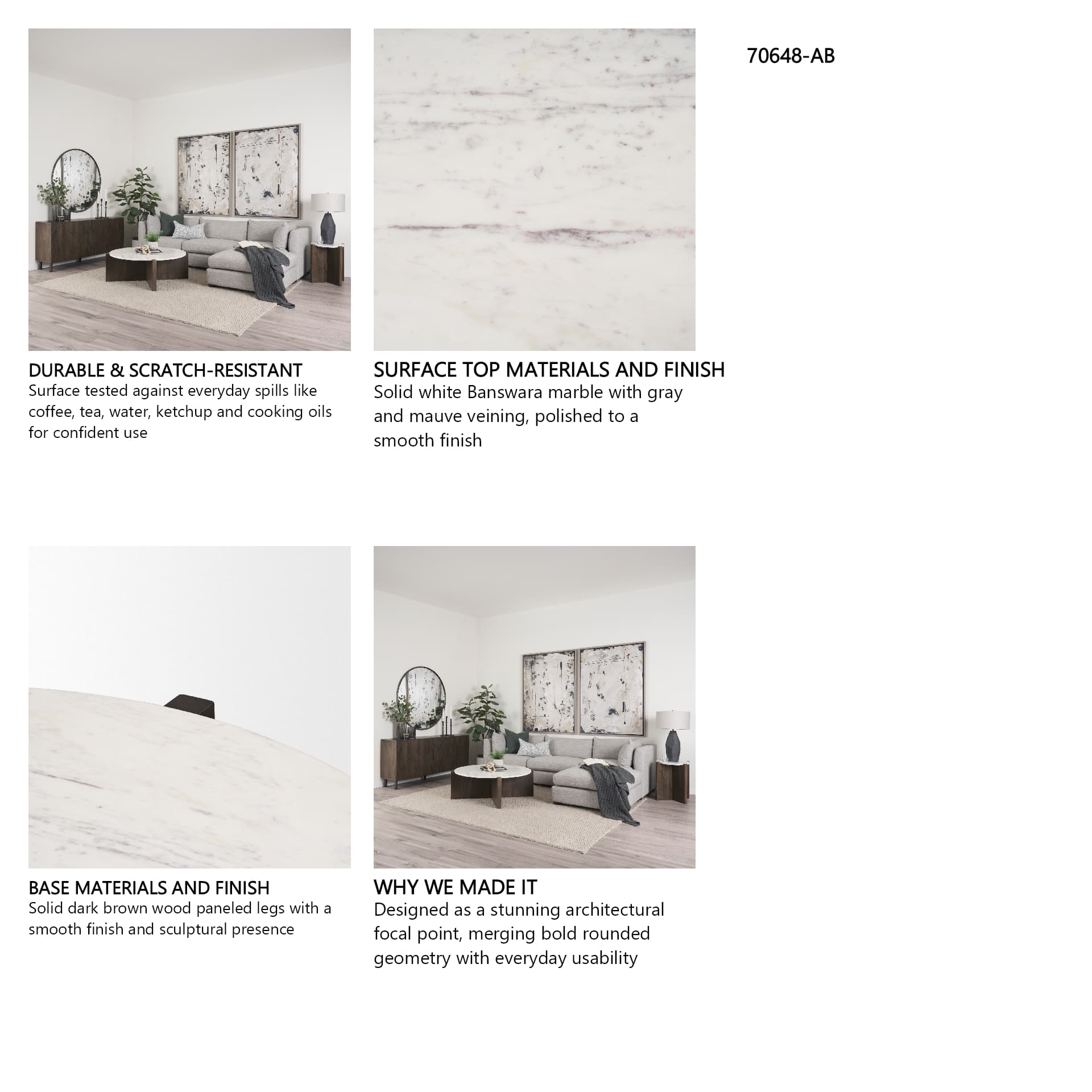 Bianca Dark Brown Wood w/ Marble Round Top Coffee Table — in a styled room