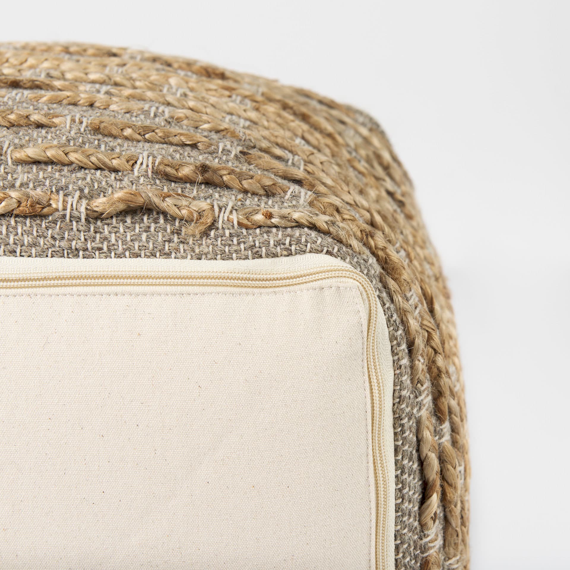 Binita 16.0L x 16.0W x 16.0H Gray/Brown Hemp Wool and Cotton Pouf — product photograph
