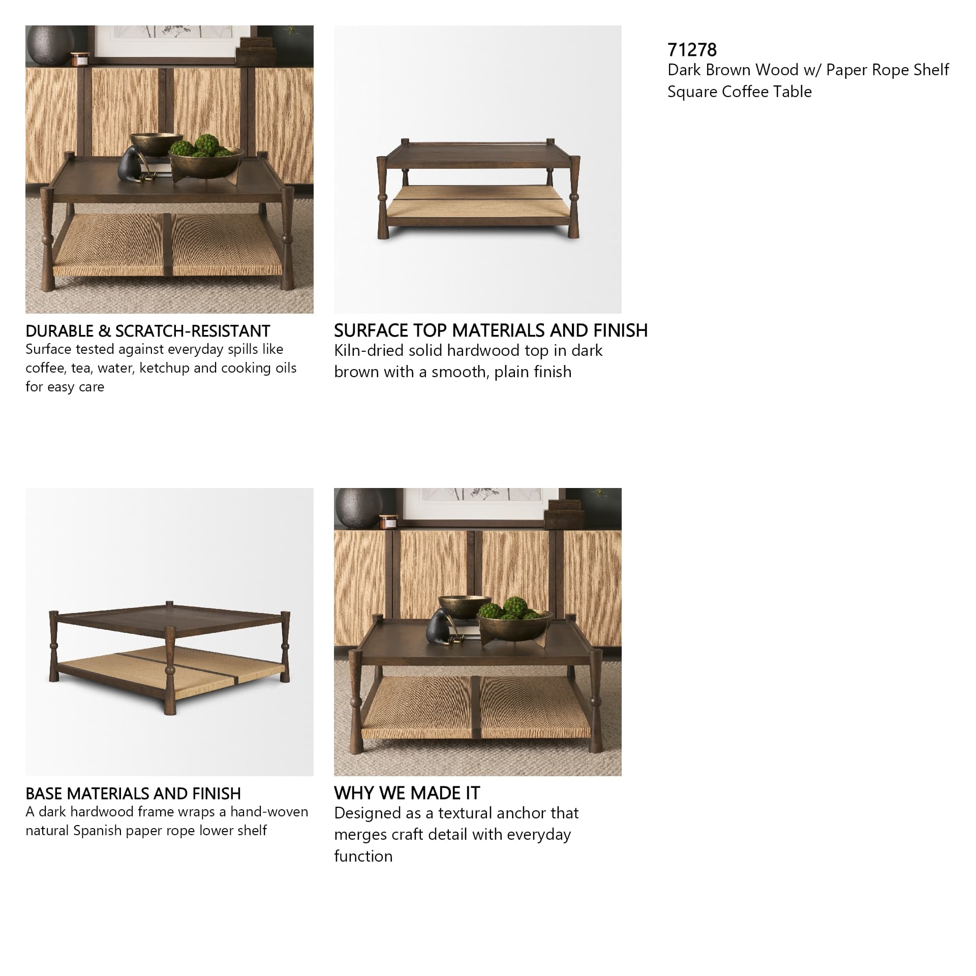 Bondi 42" Dark Brown Wood w/ Paper Rope Shelf Square Coffee Table — in a styled room