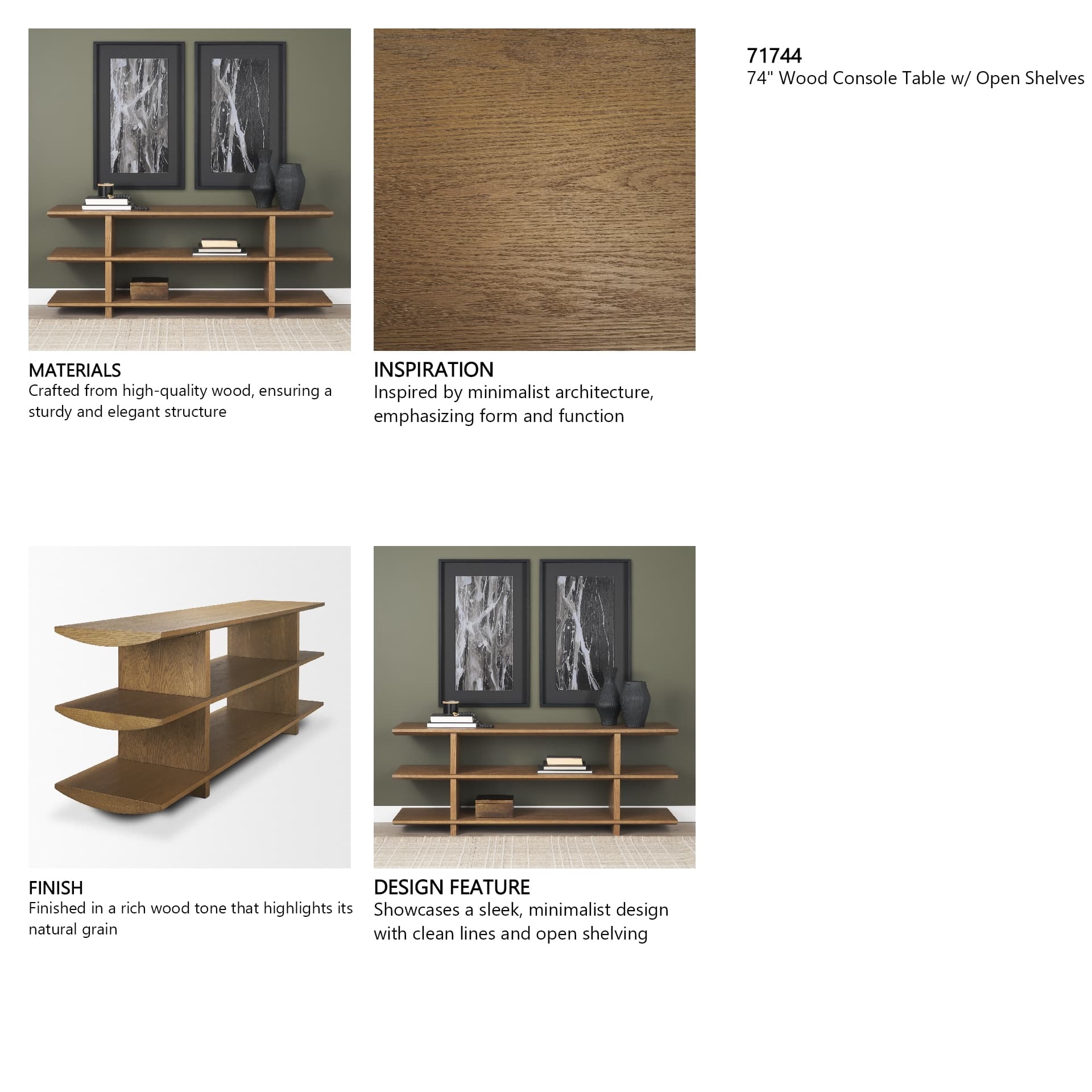 Boden 74" Wood Console Table w/ Open Shelves — in a styled room