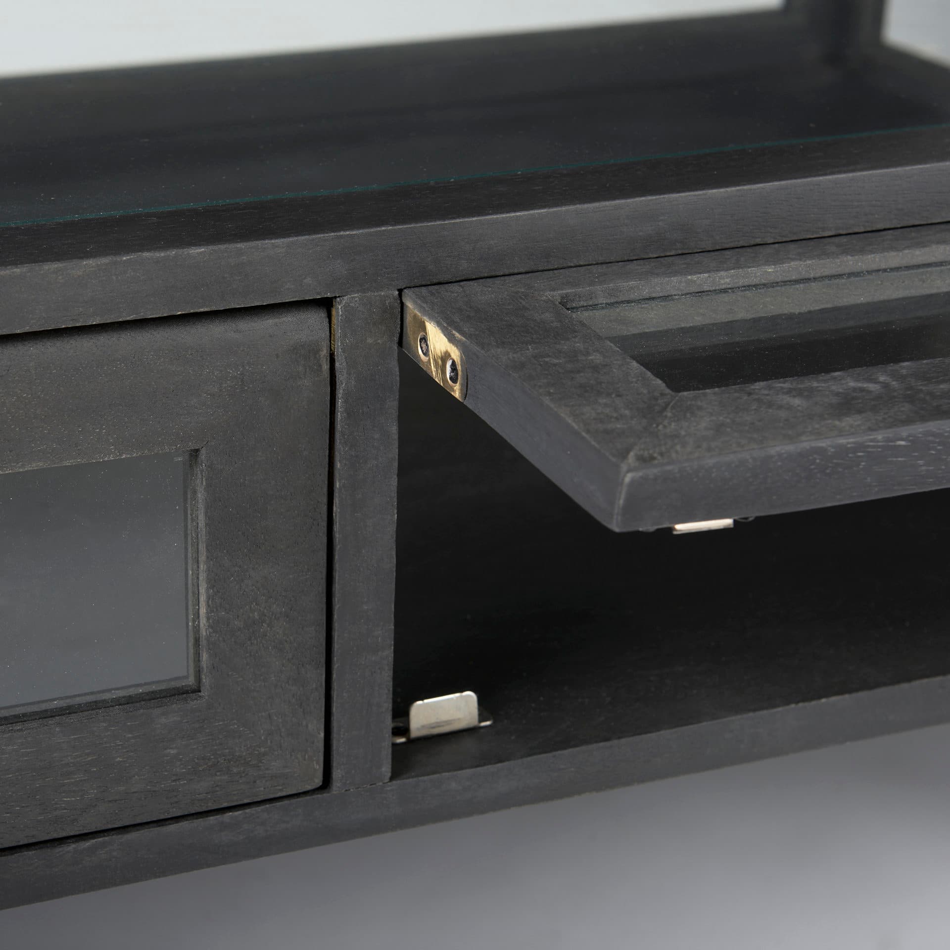 Arelius 49.5"L Rectangular Glass-Top Black-Brown Wood w/ Black Metal Base Display Coffee Table — product photograph