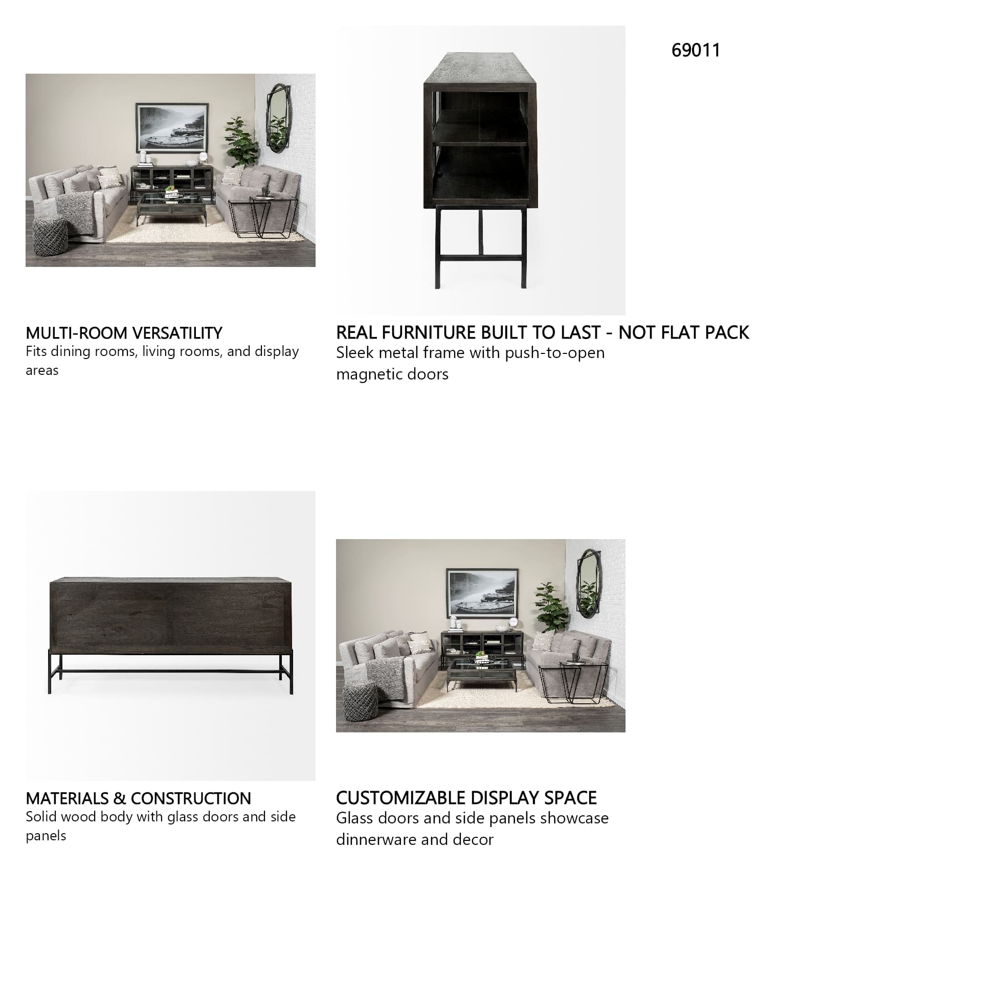 Arelius 70L x 18.75W x 32H Black-Brown Wood, Black Metal Base w/ 4 Glass Cabinet Doors Sideboard — in a styled room