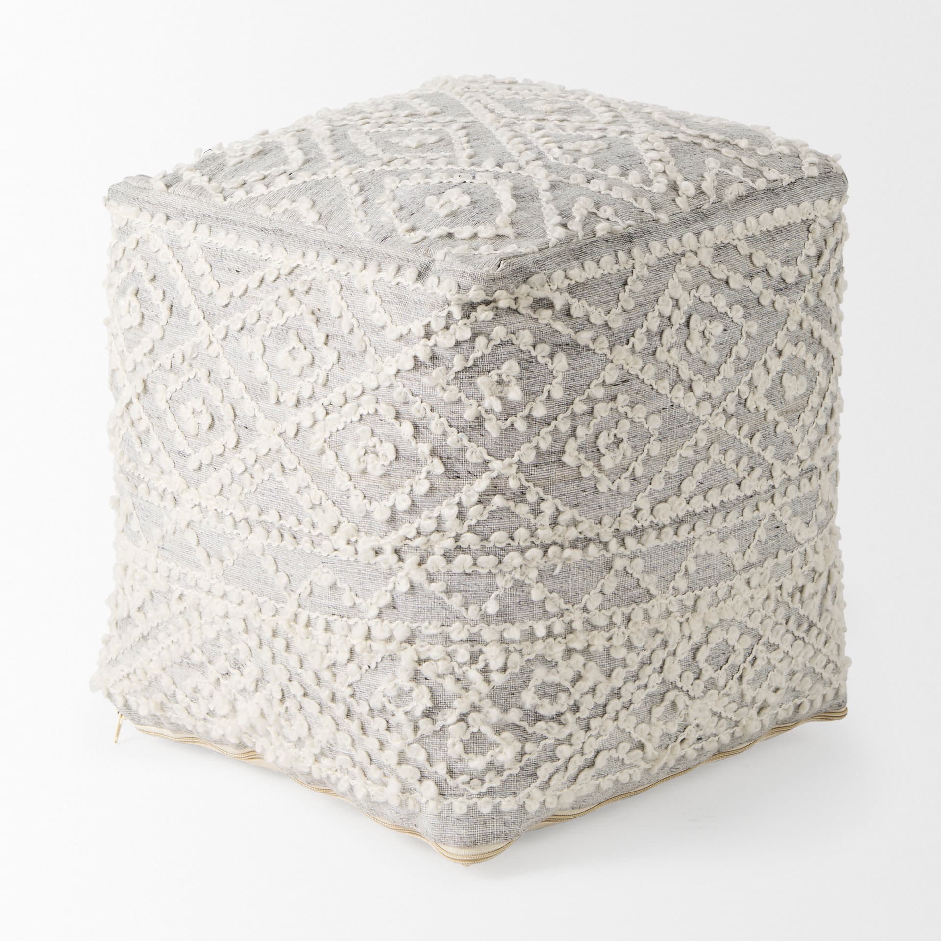 Farida 6.0L x 16.0W x 16.0H Light Gray Wool and Polyester Patterned Pouf — product photograph