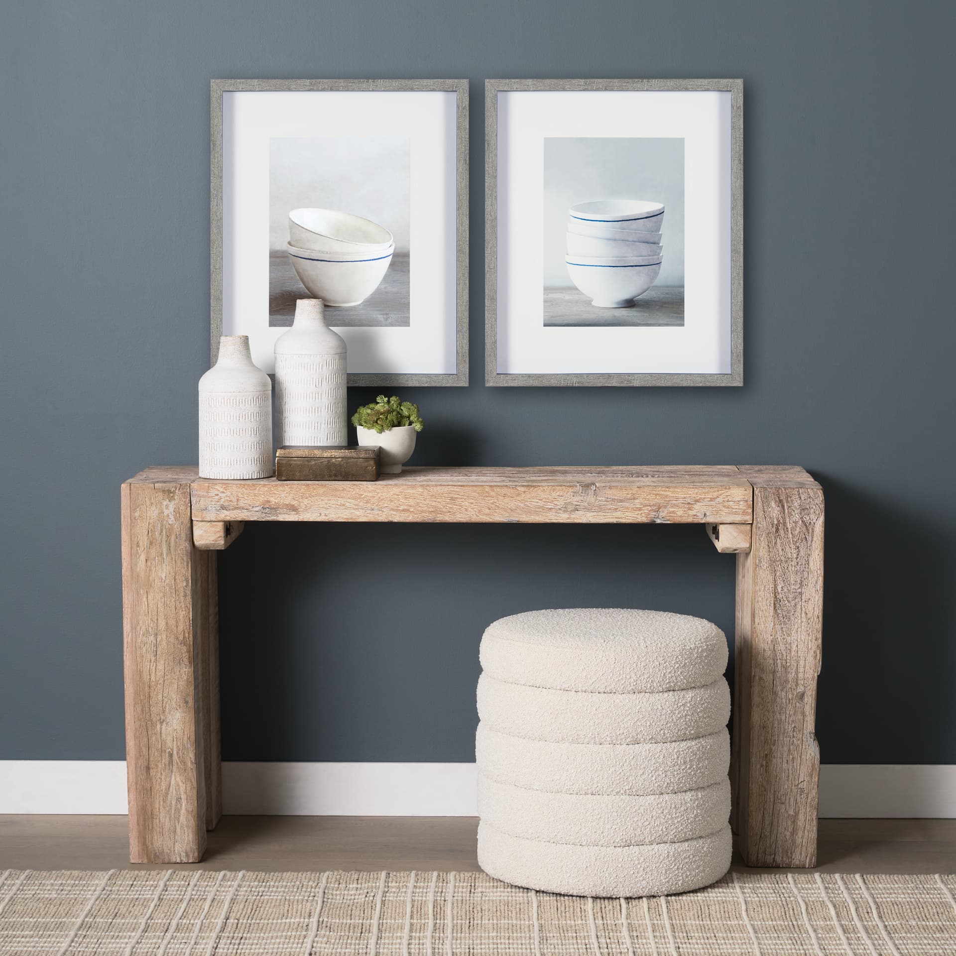 Four Artisan Bowls by Mark Chandon a Framed Art Print Matted under Glass — in a styled room