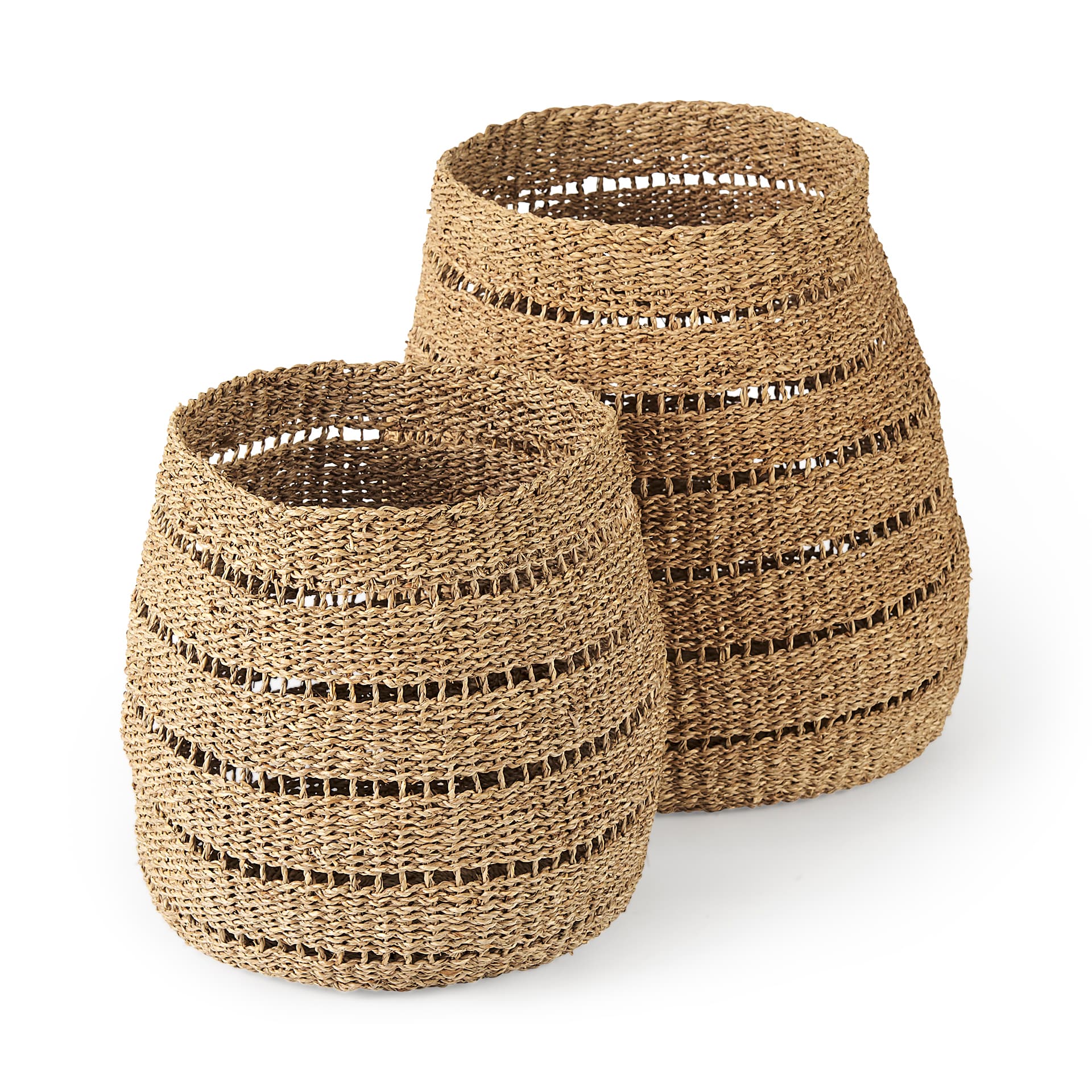 Hayes 17.7L x 17.7W x 11.8H (Set of 2) Medium Brown Seagrass Round Basket with Stripe Pattern — product photograph