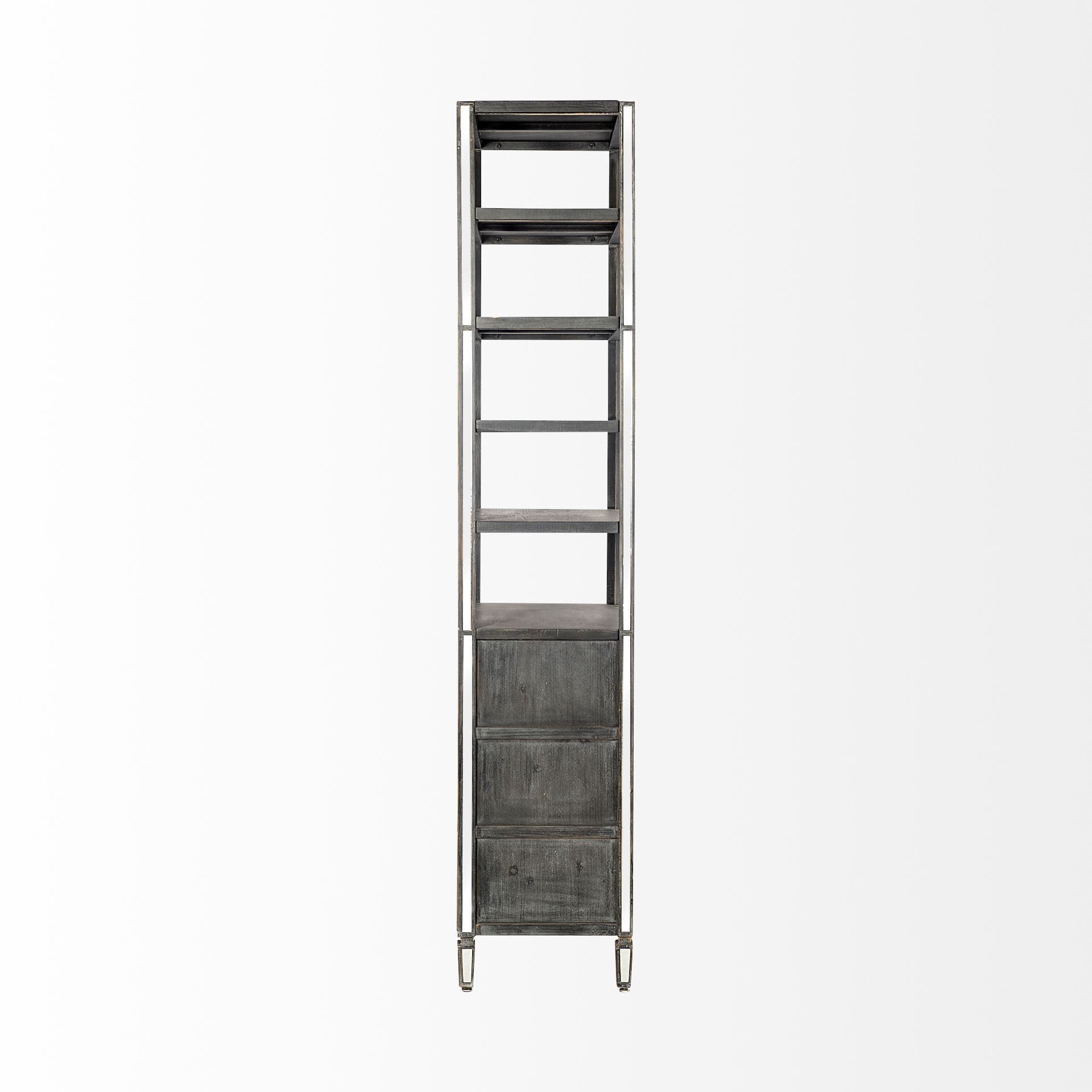 Sunnyvale 32L x 18W x 90H Dark Brown Solid Wood and Mirrored Glass Four Shelf Shelving Unit — product photograph