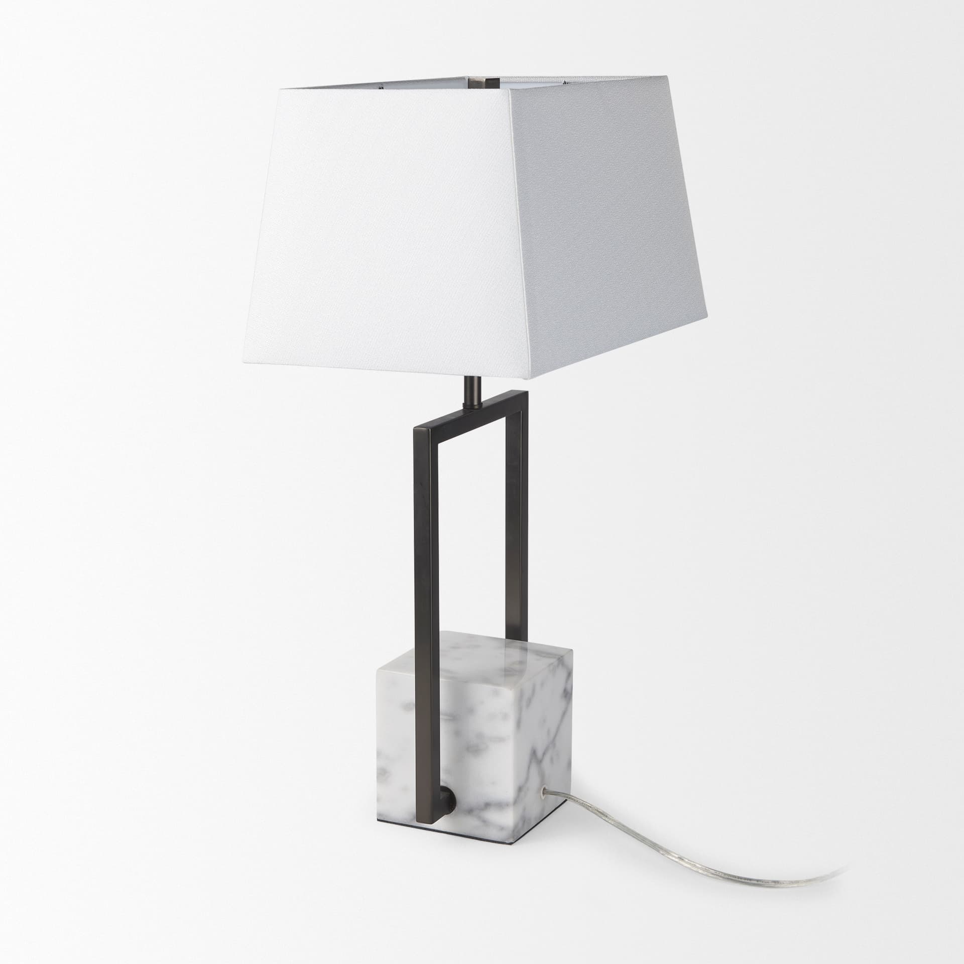 Peyton 14.0L x 9.0W x 26.2H Black Metal W/Marble Cube and White Shade Table Lamp — product photograph
