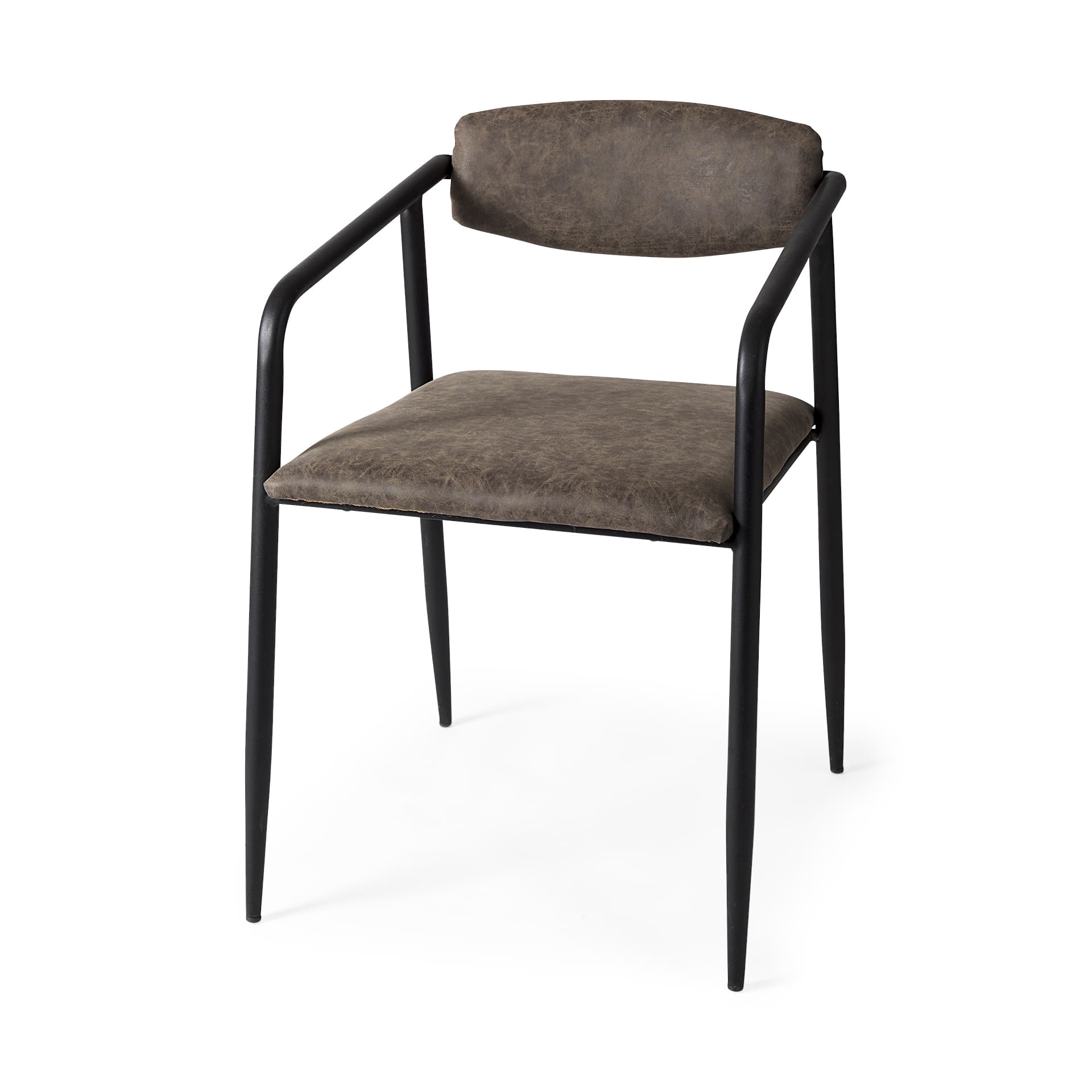 Langston Open Back Dining Arm Chair | Brown Faux Leather w/ Black Iron — product photograph