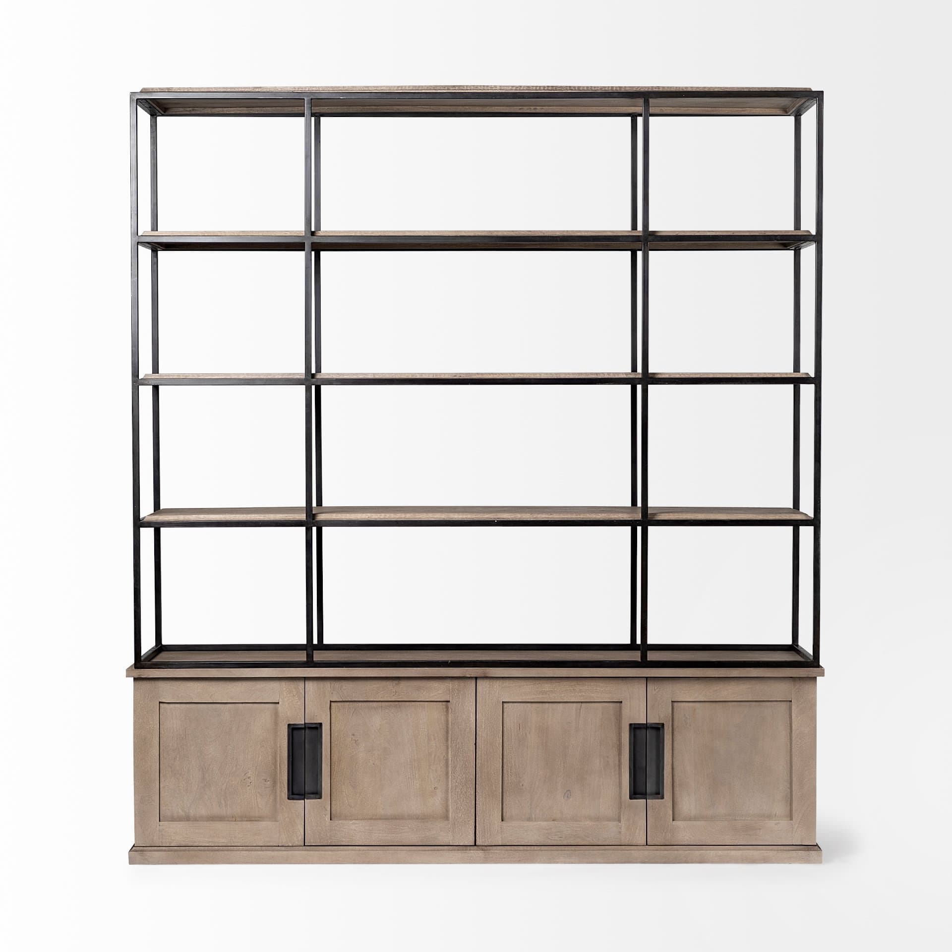 Braxton I Light Brown Wood and Iron Three Shelf Shelving Unit 81.5L x 18.5W x 90 — product photograph