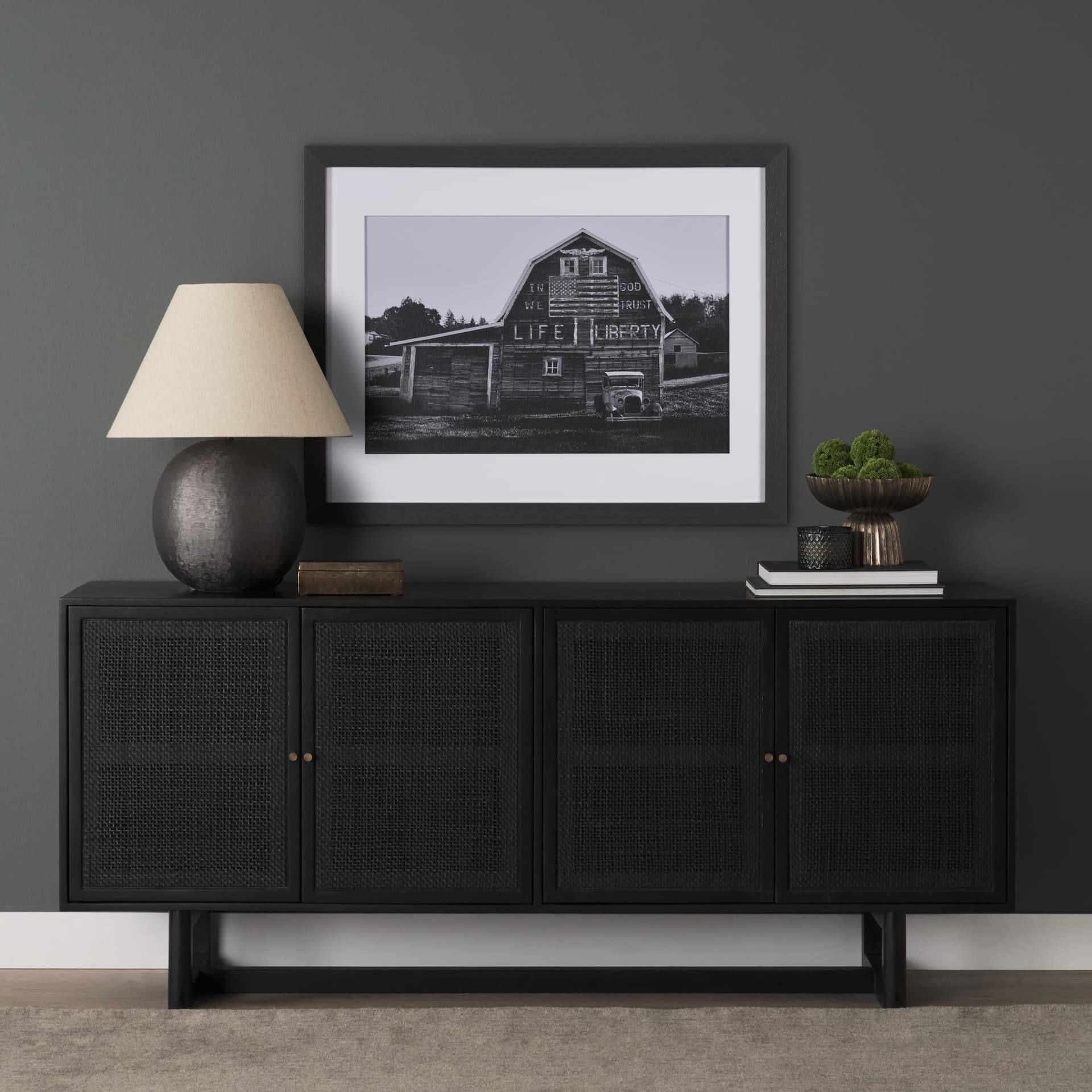 Grier 72" Black Wood W/ Black Cane Sideboard — in a styled room