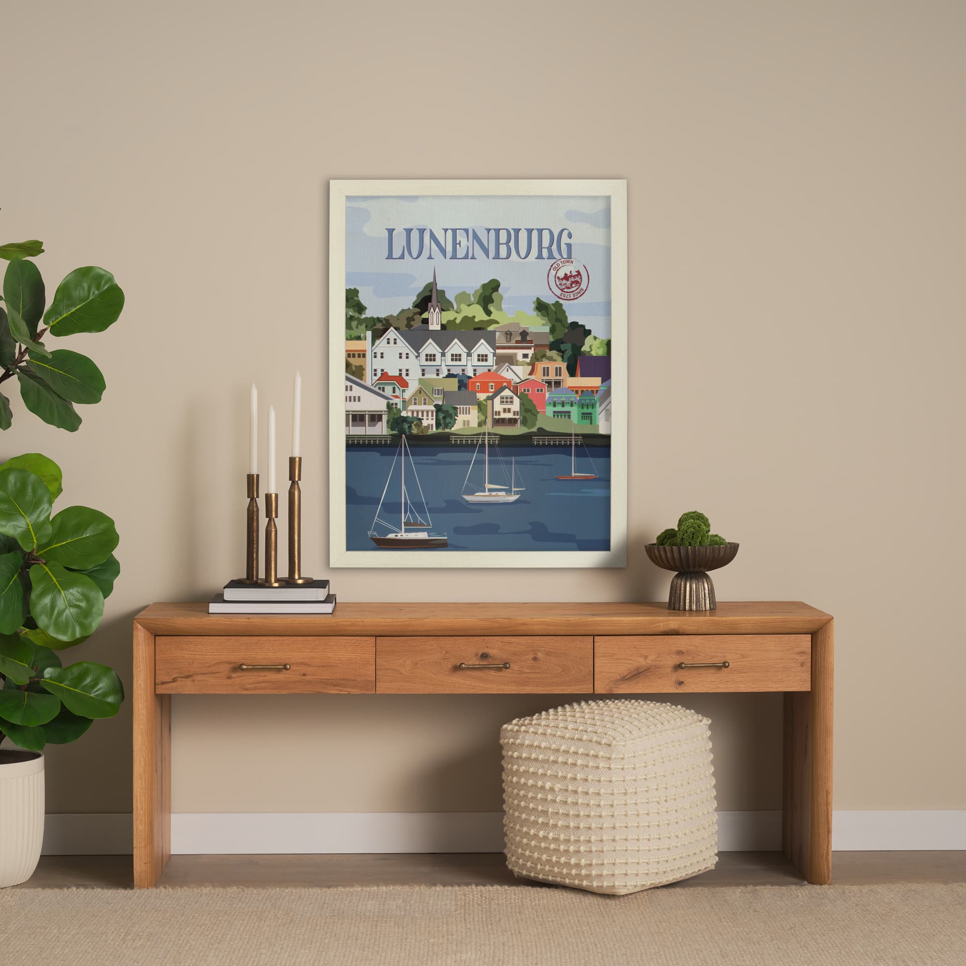 Lunenburg Go Canada (L) by Mercana Studio a Hand Embellished Decograph Framed Art Print — in a styled room