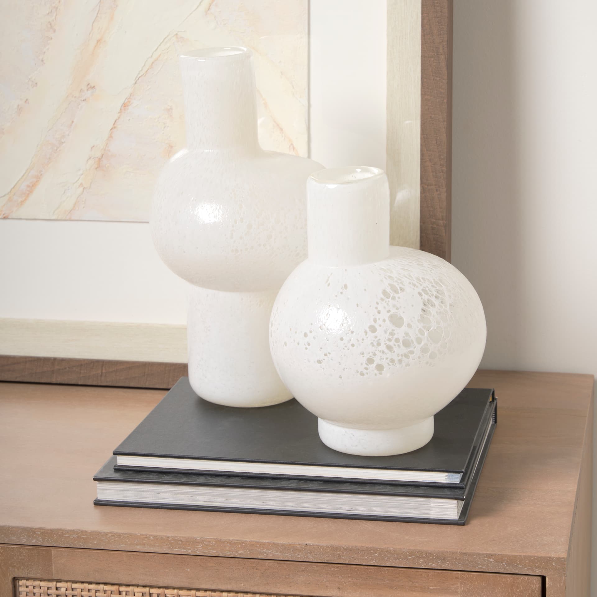Heket Tall White Glass Vase — in a styled room