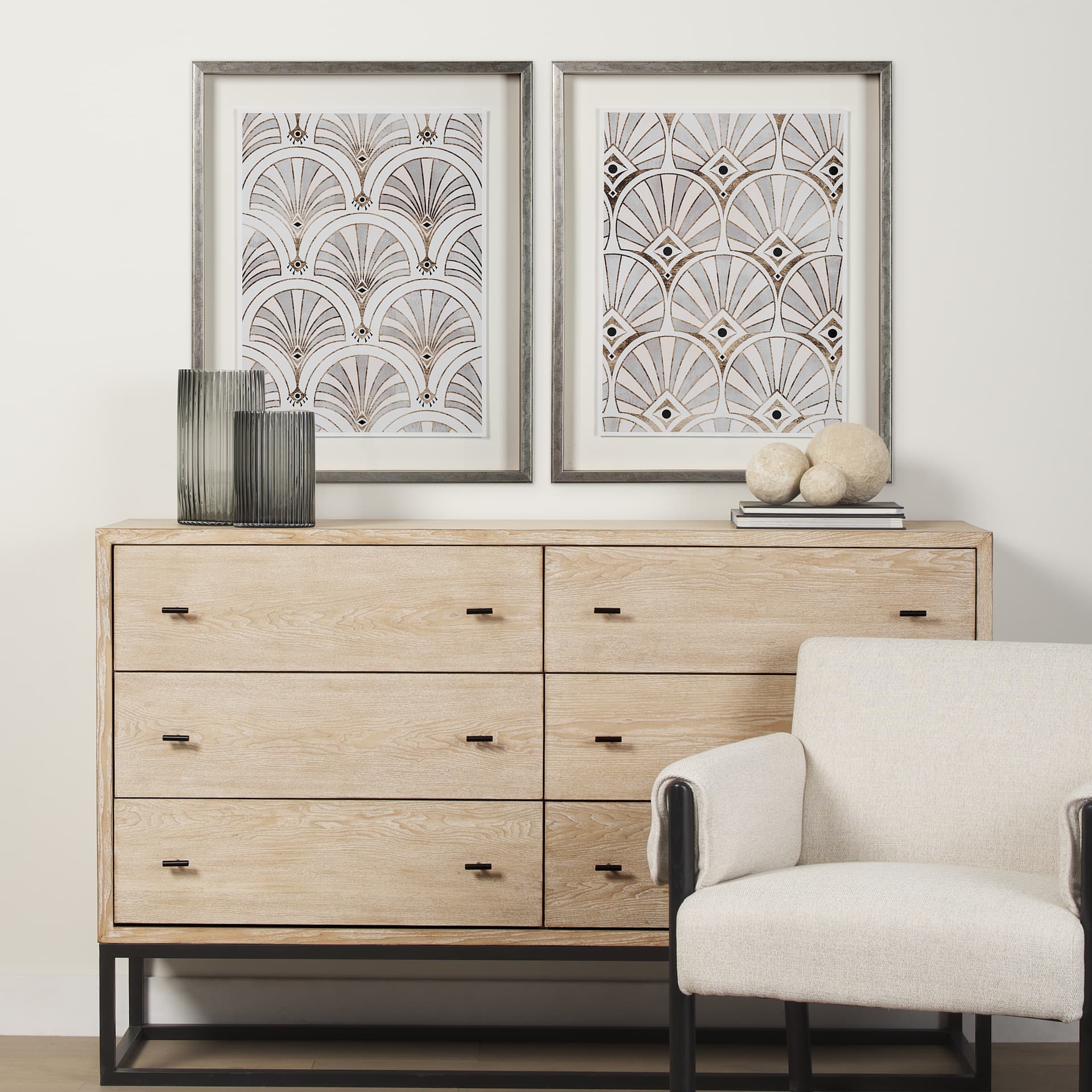 Deco Patterning II by Victoria Barnes Hand Embellished Textured Framed Art Print Matted under Glass — in a styled room