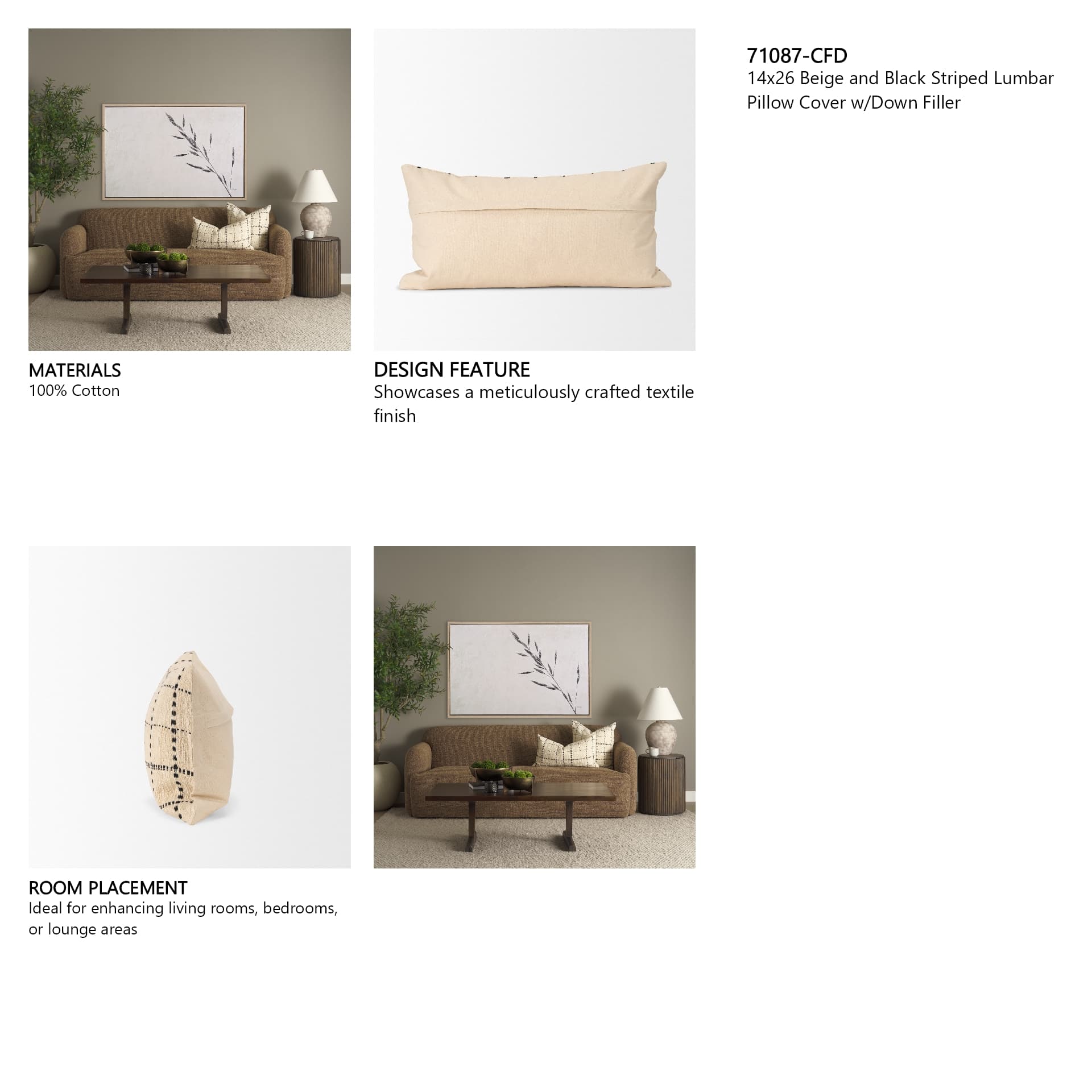 Jaela 14x26 Beige and Black Striped Lumbar Pillow Cover w/Down Filler — in a styled room