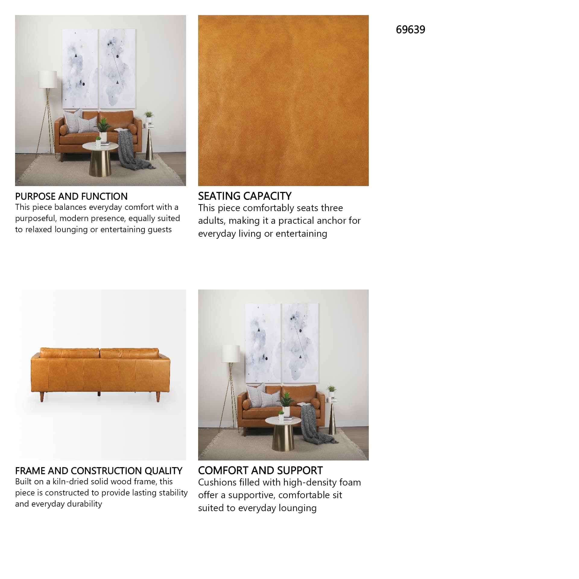 Svend 88.0L x 38.0W x 34.0H Tan Leather Sofa — in a styled room