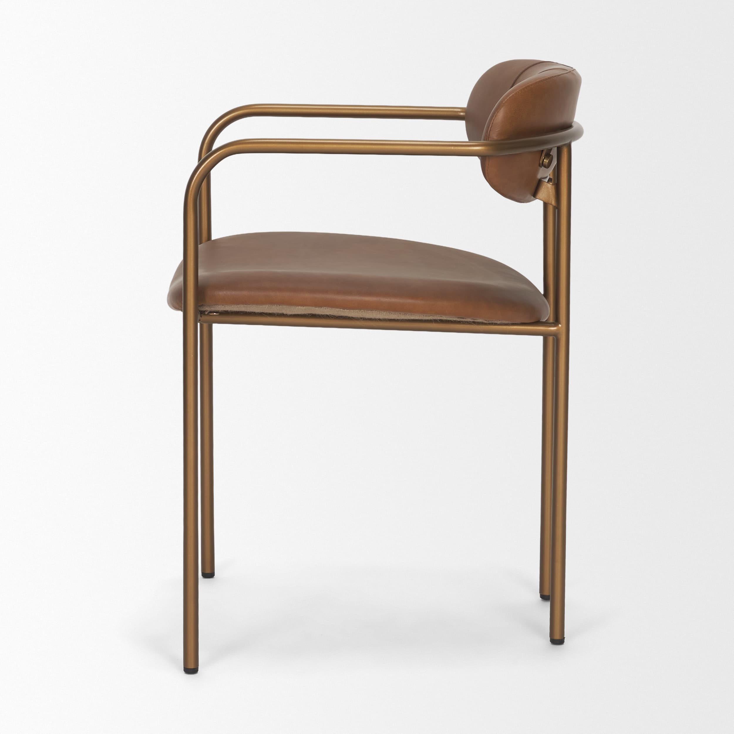 Parker Curved Back Dining Arm Chair | Brown Leather w/ Gold Metal — product photograph