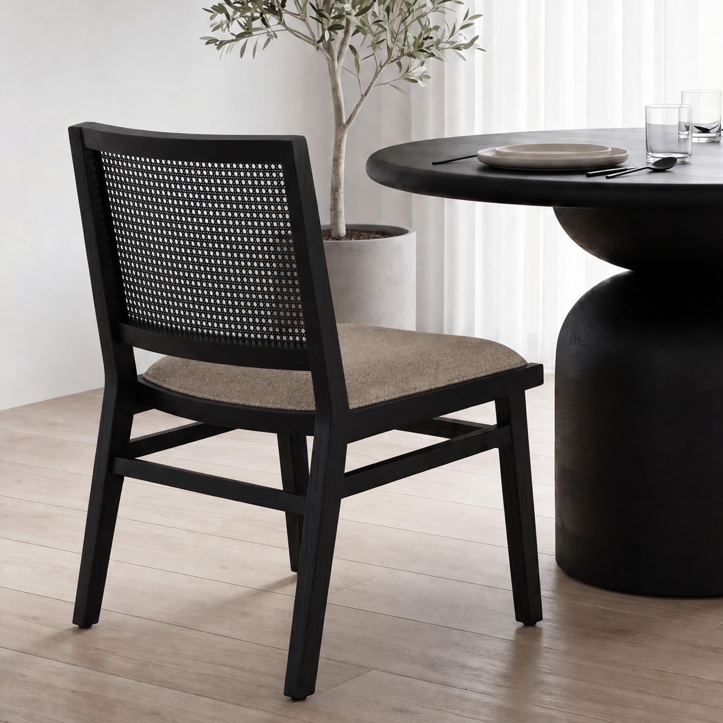 Wynn Cane Back Dining Side Chair | Beige Fabric w/ Black Wood — product photograph