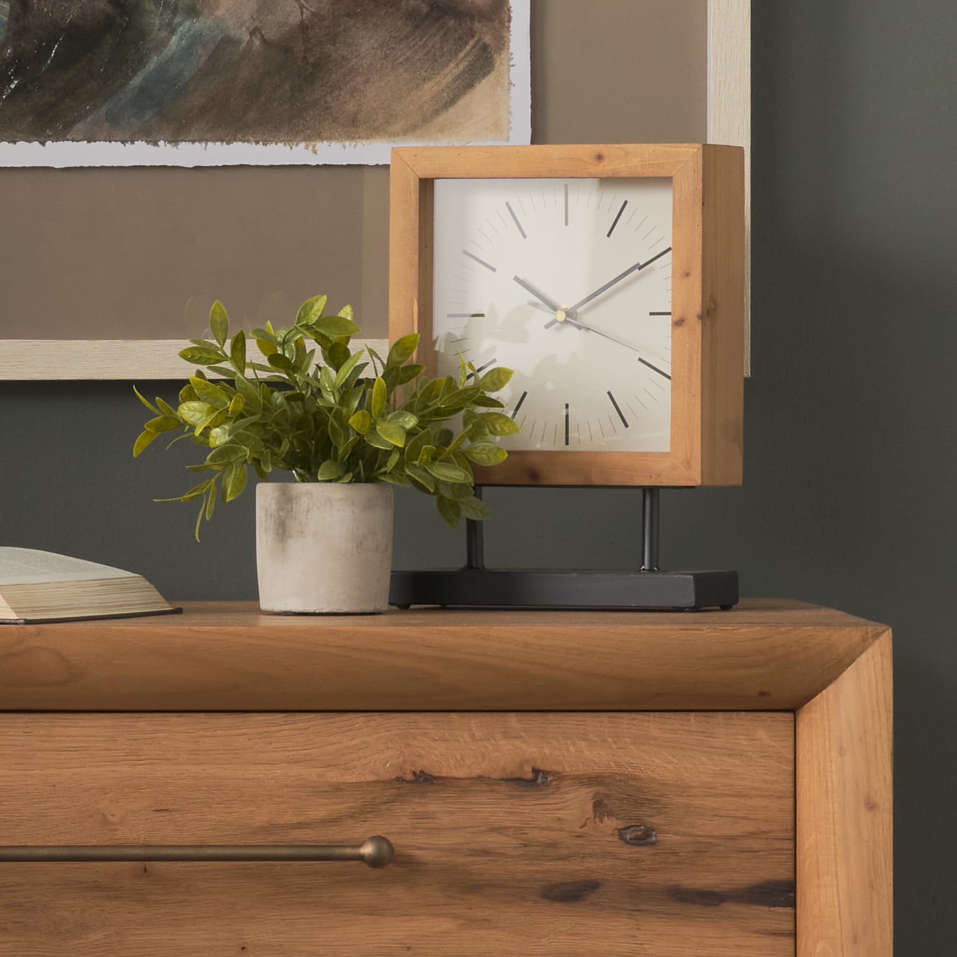 Renaya Light Brown Wood w/ Matte Black Metal Base Table Clock — product photograph