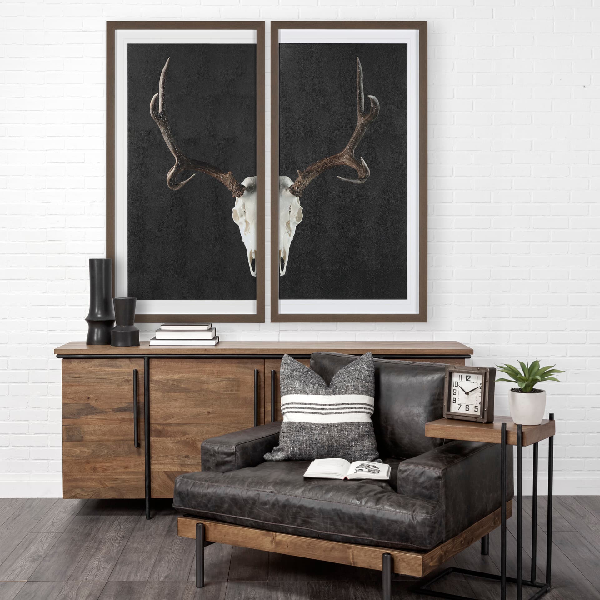 Deer Skull-L by Chris Dunker a Hand Embellished Textured Framed Art Print Matted under Glass — in a styled room