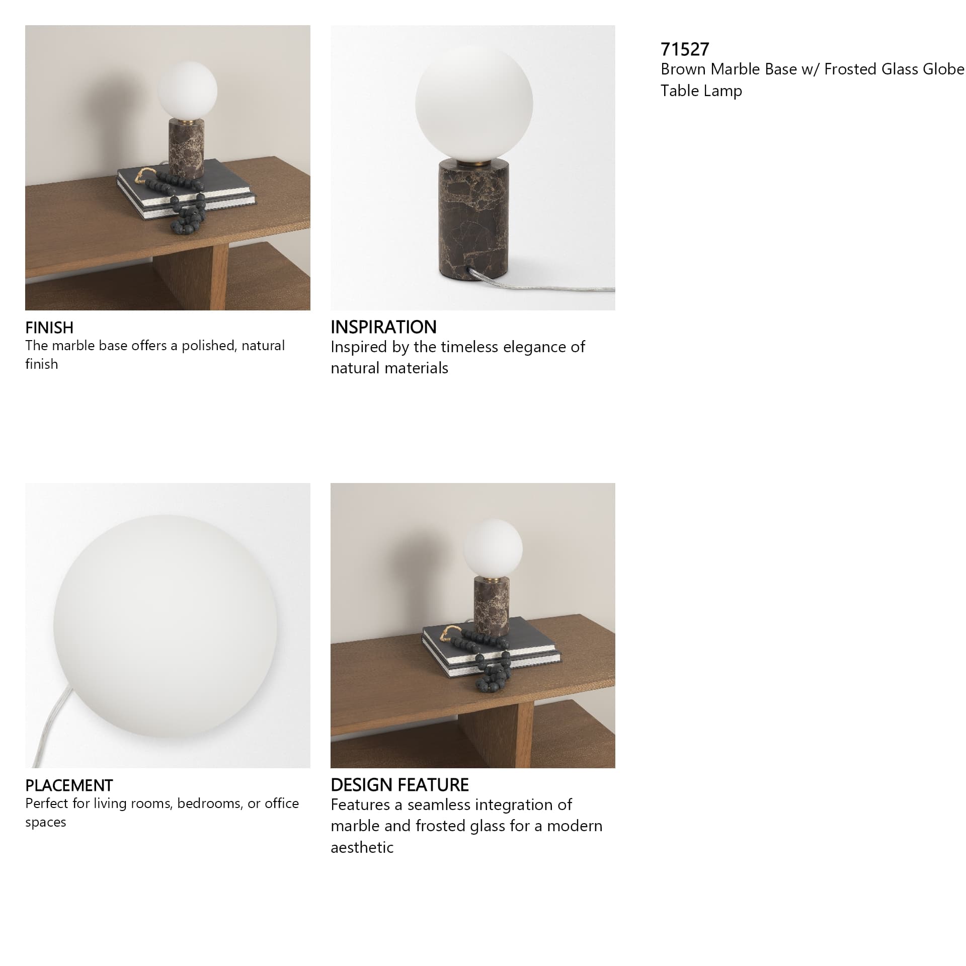 Caldo Brown Marble Base w/ Frosted Glass Globe Table Lamp — product photograph