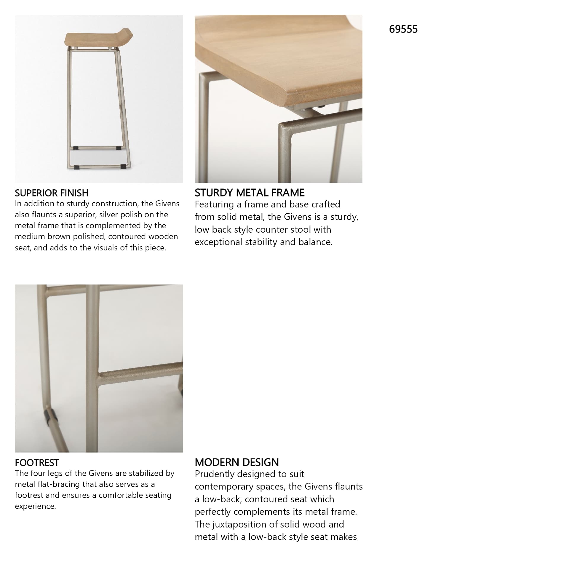 Givens Low Back 32in Seat Bar Stool | Brown Wood w/ Silver Metal — product photograph