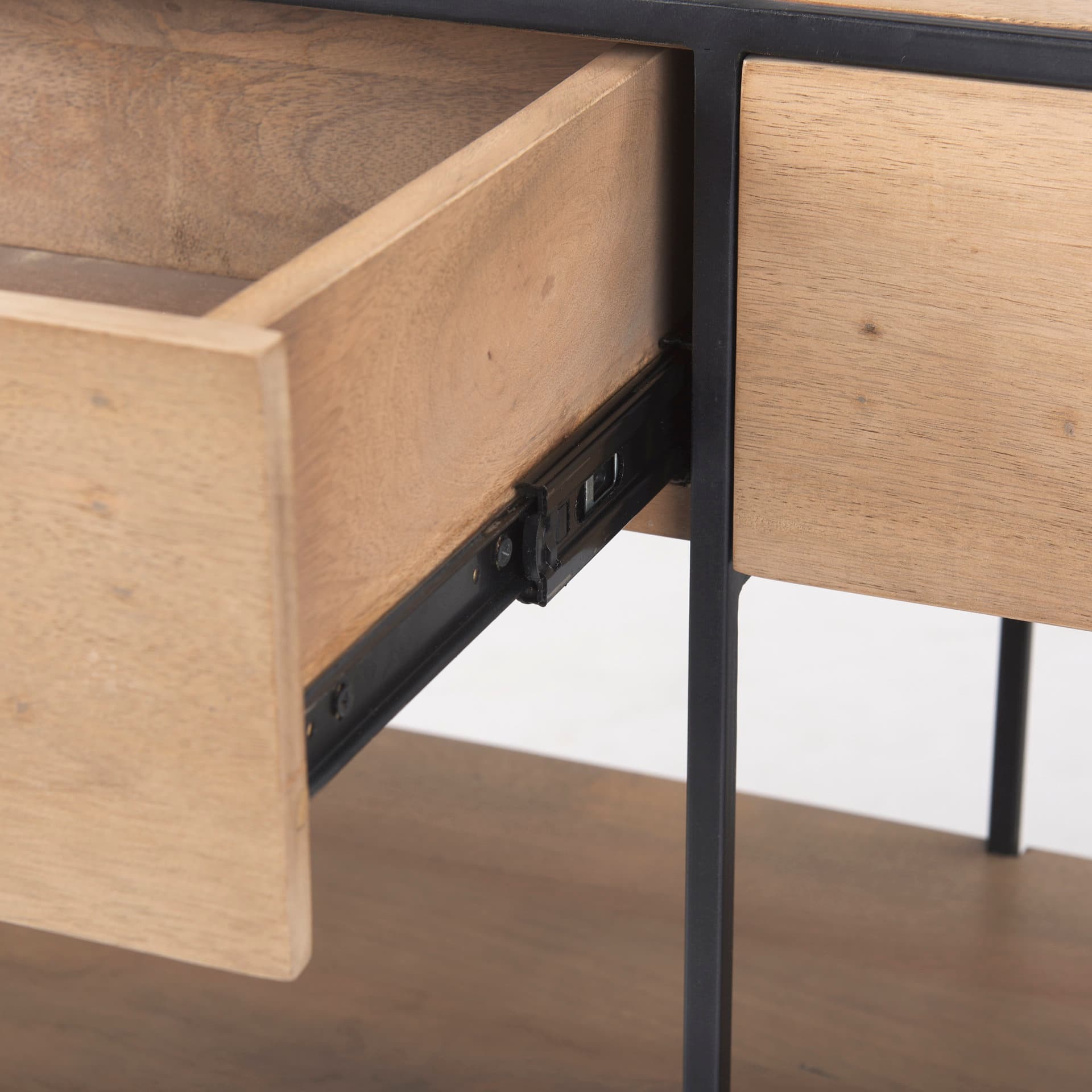 Morris 63.0L x 15.0W x 31.0H Beige Wood w/ Black Metal Frame 2 Drawer Console Table — product photograph
