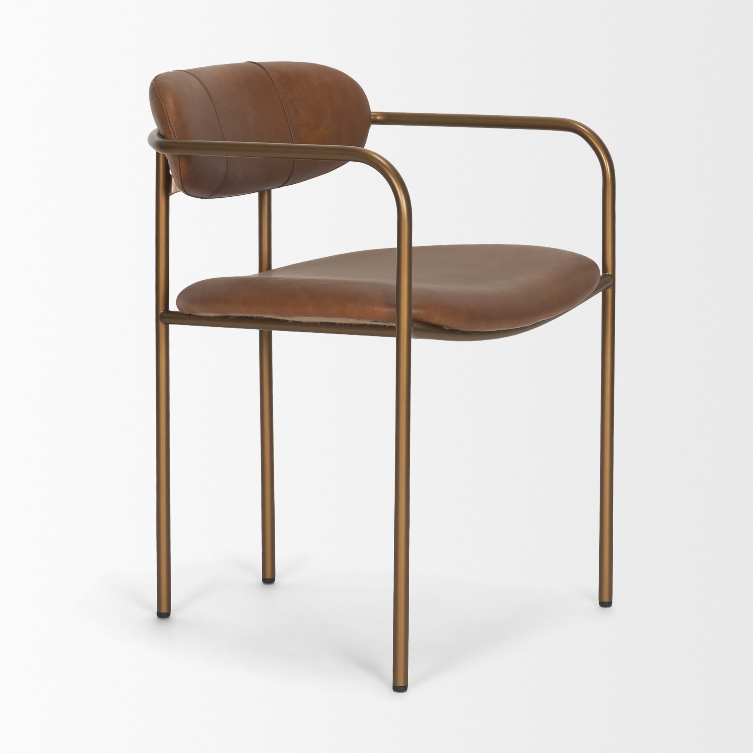 Parker Curved Back Dining Arm Chair | Brown Leather w/ Gold Metal — product photograph