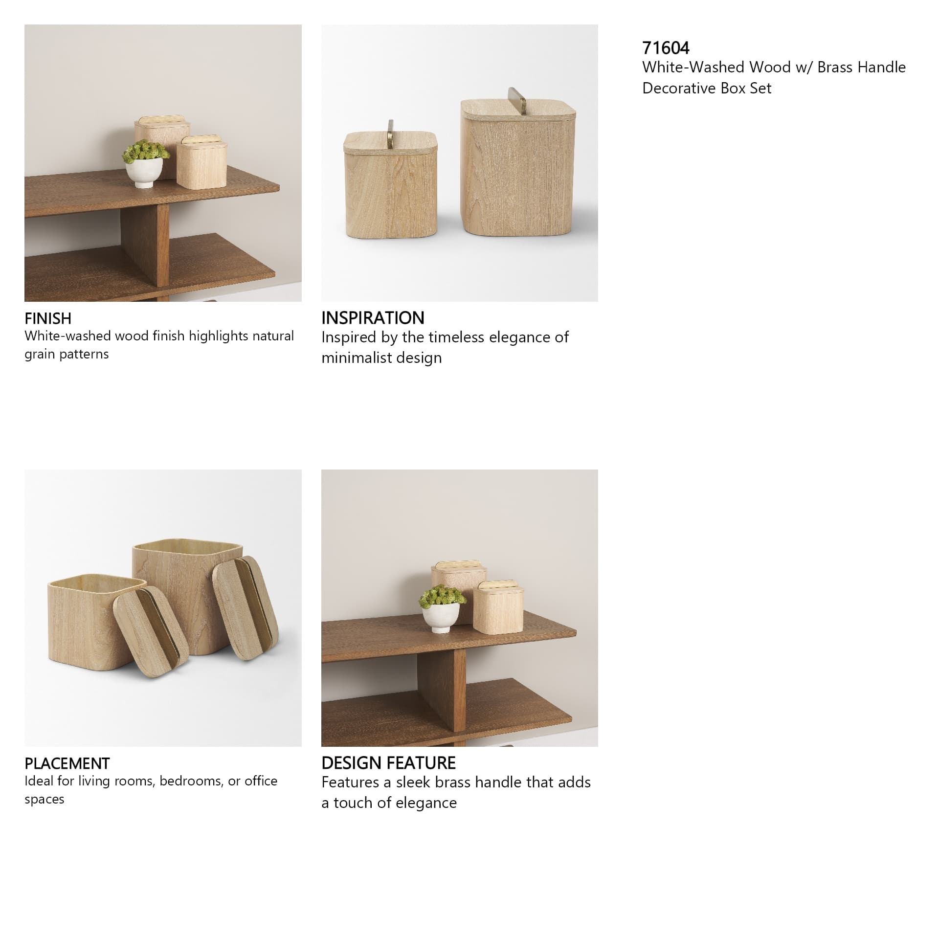 Benton White-Washed Wood w/ Brass Handle Decorative Box Set — product photograph