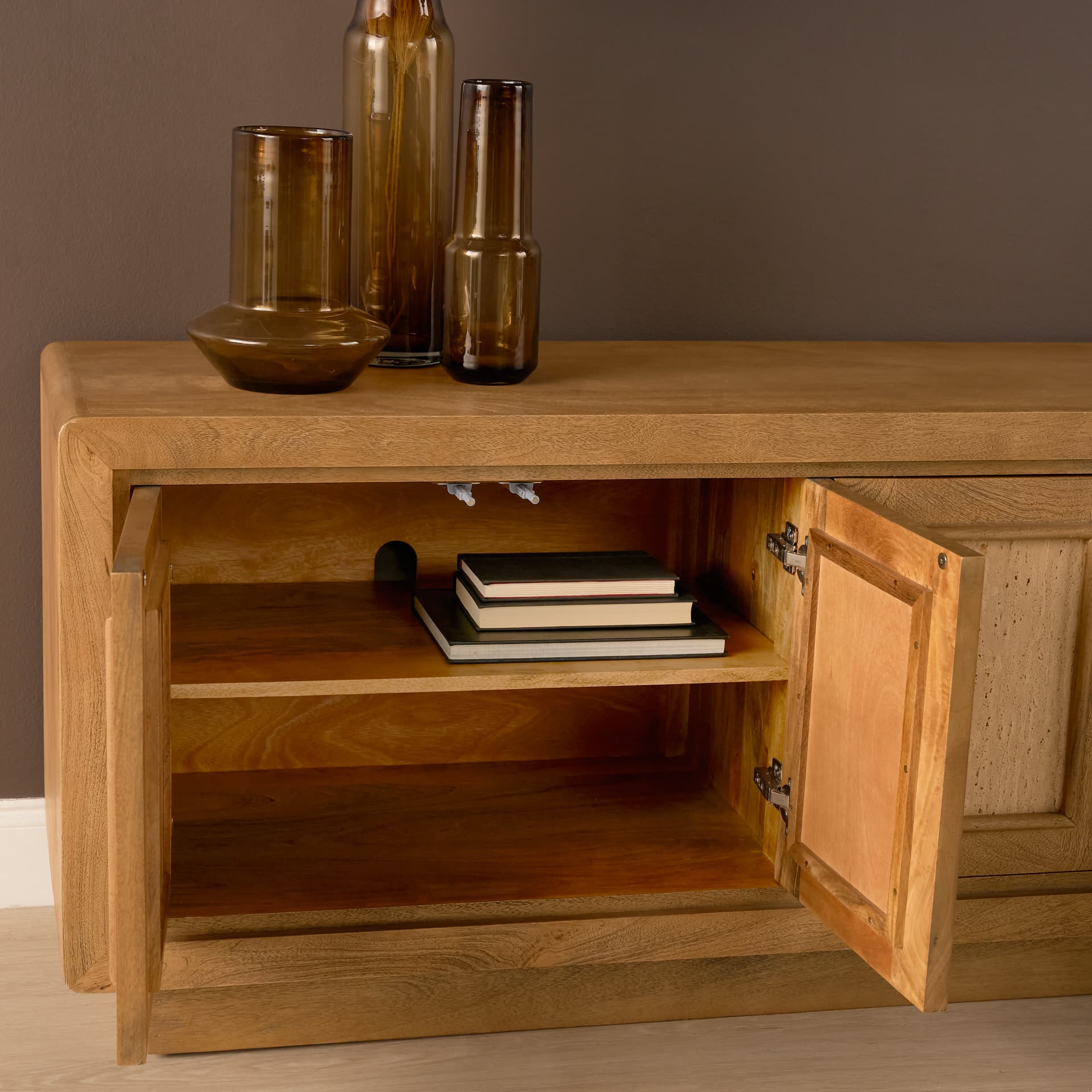 Valterra Light Brown Wood w/ Travertine 6 Door Media Console — product photograph