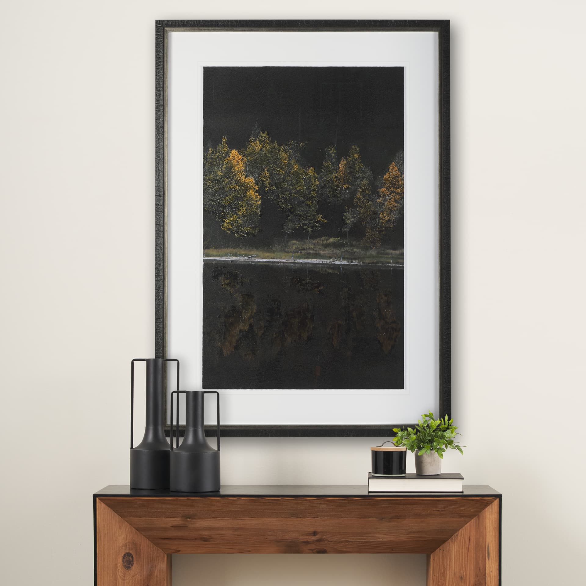 Water's Reflection-R by Chad Mackay a Hand Embellished Textured Framed Art Print Matted under Glass — in a styled room