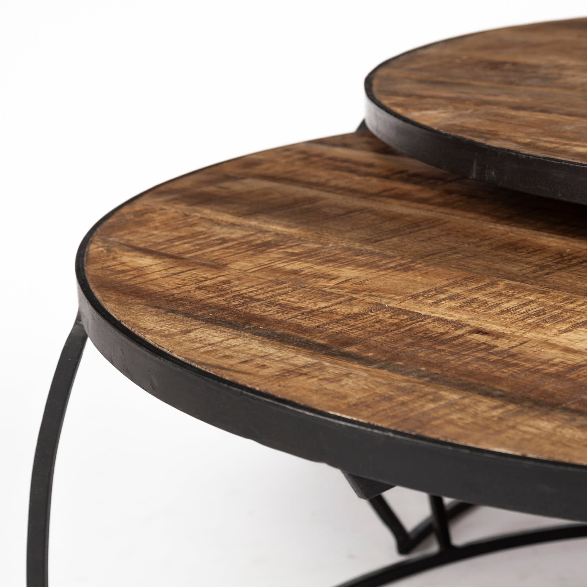 Clapp I Set of 2 (41" & 38") Round Brown Wood Top Black Iron Base Nesting Coffee Tables — product photograph